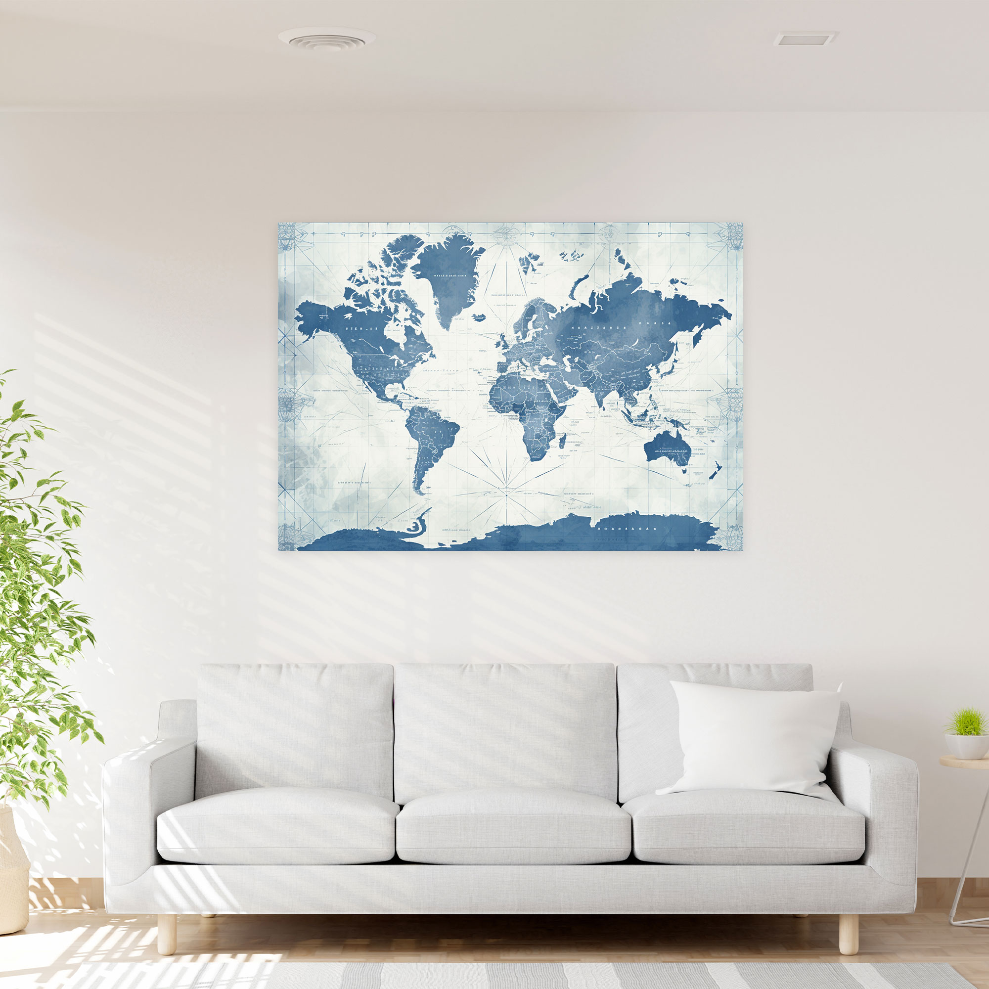 Vintage Blueprint World Map Canvas Print - World Map, Blueprint Paper Texture, Wall Art, World Map