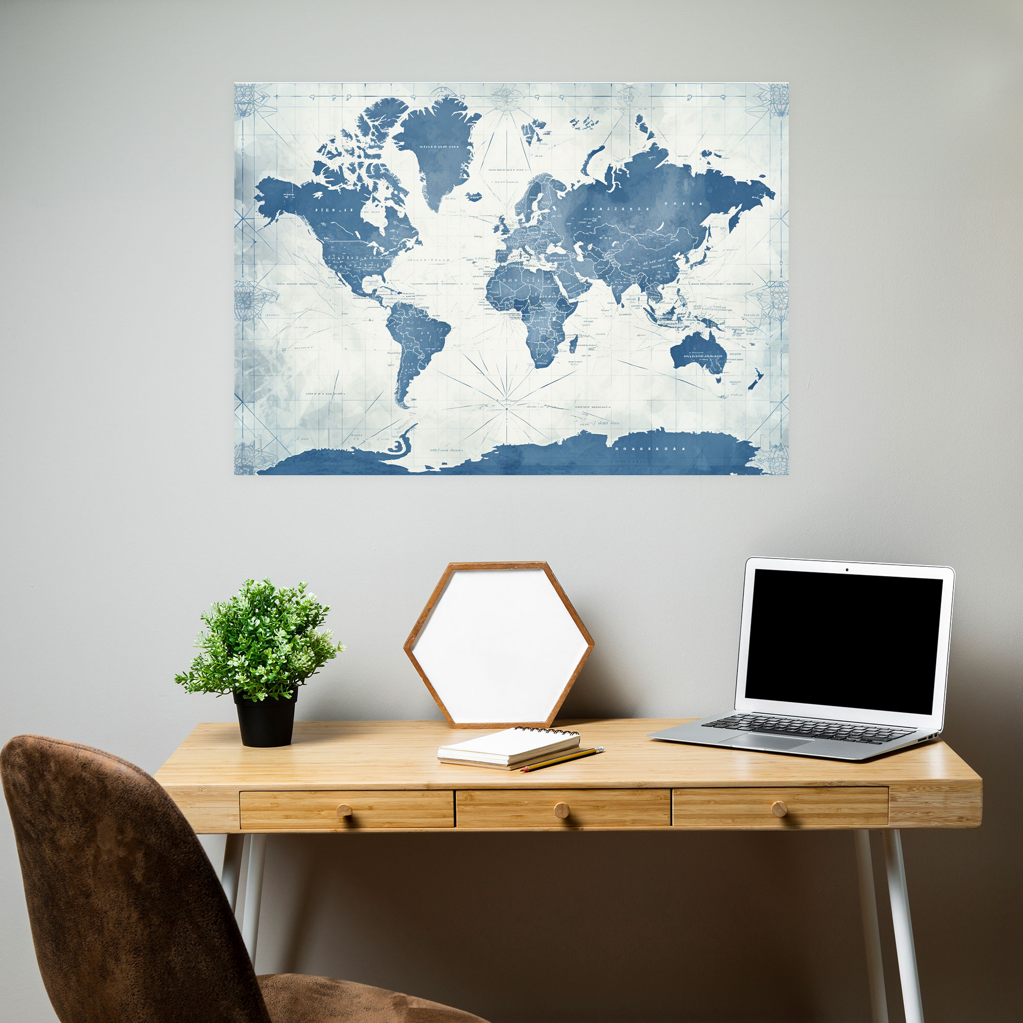 Vintage Blueprint World Map Canvas Print - World Map, Blueprint Paper Texture, Wall Art, World Map