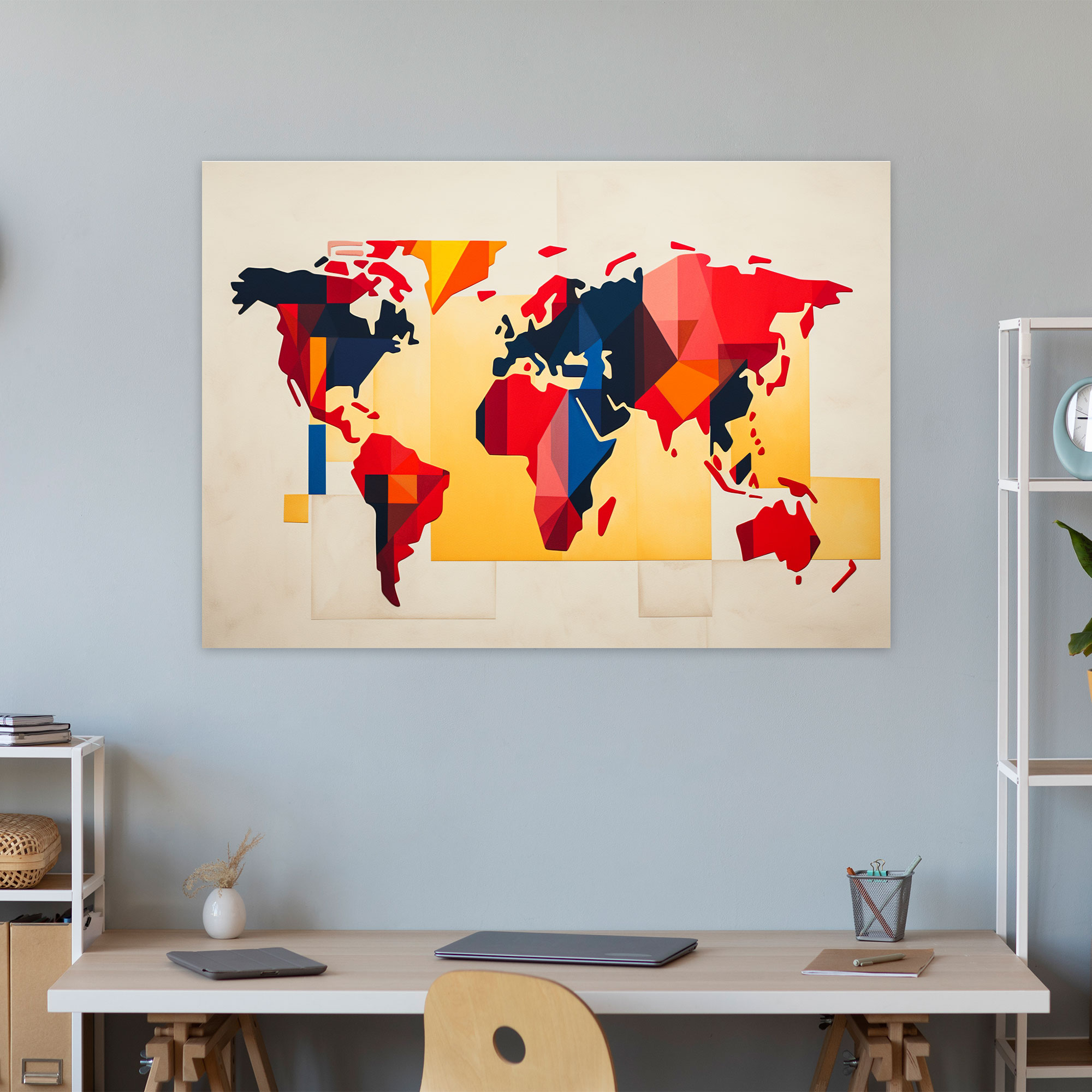 Abstraktes geometrisches Weltkarten Leinwandbild - Weltkarte geometrische Formen abstrakt Leinwand Wandkunst