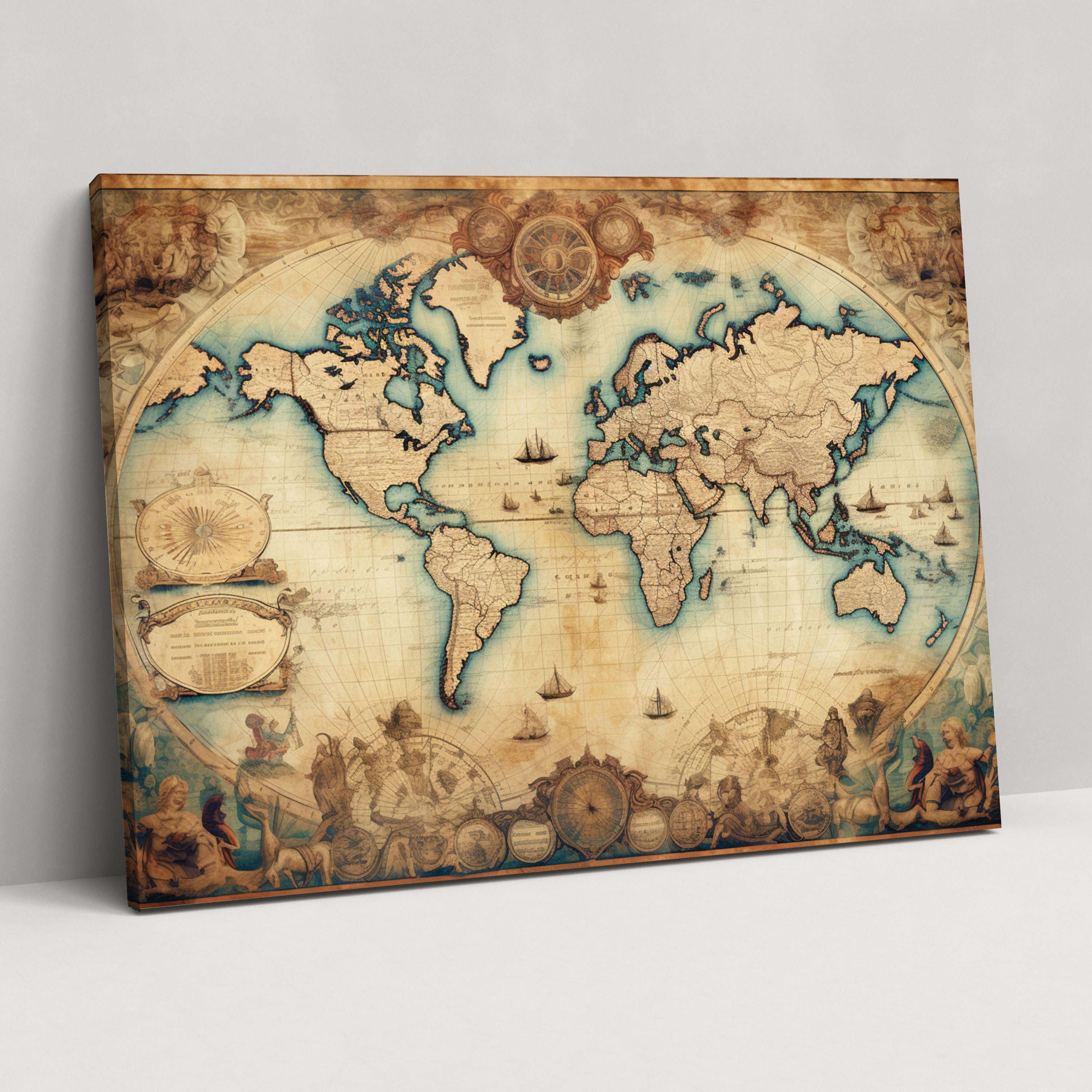 Vintage World Map Wall Art - World Map, Aged Paper Texture, Canvas Wall Art, Wall Art