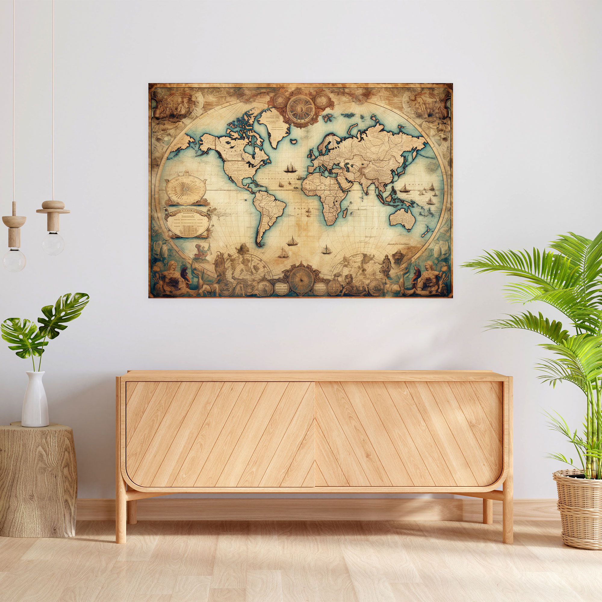 Vintage World Map Wall Art - World Map, Aged Paper Texture, Canvas Wall Art, Wall Art