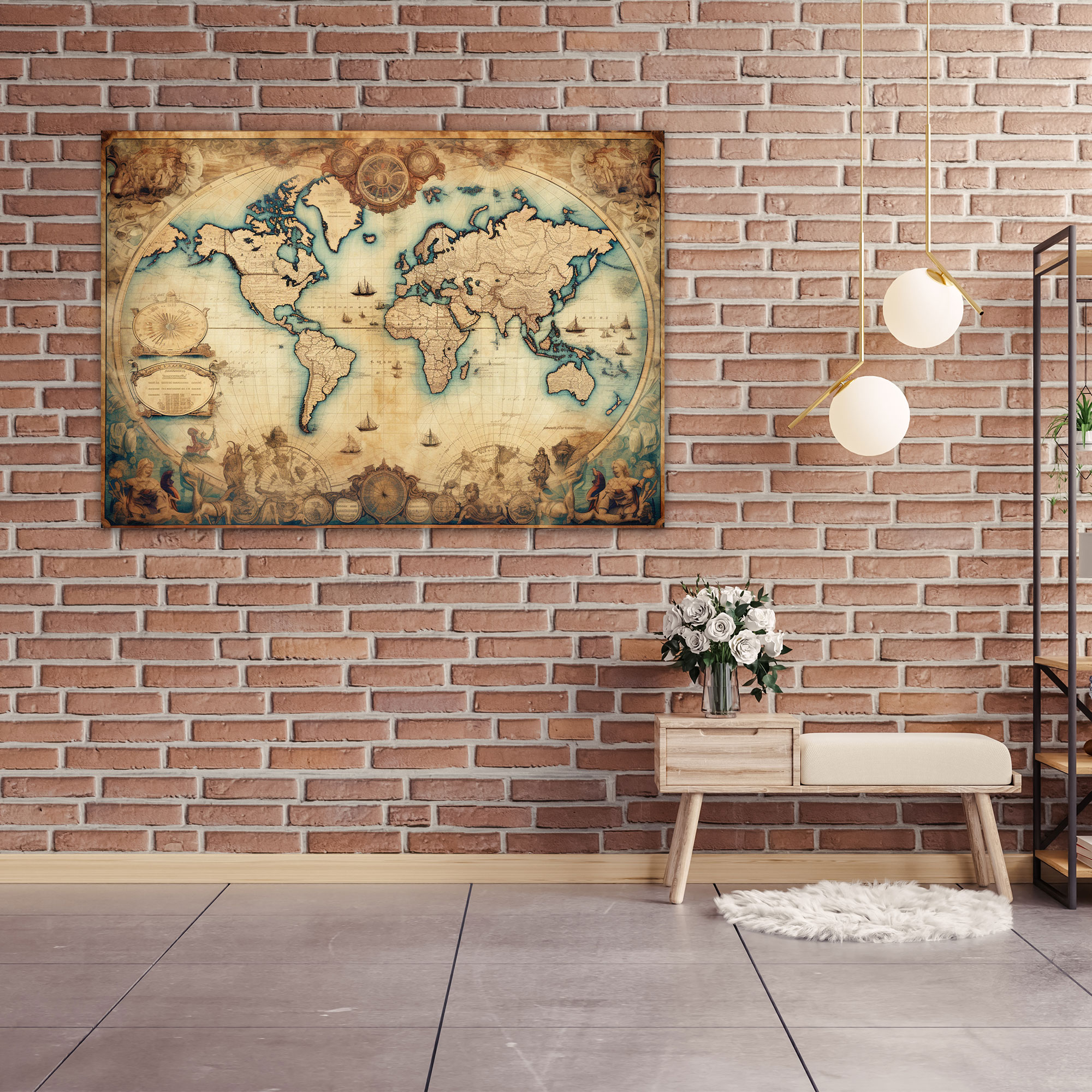 Vintage World Map Wall Art - World Map, Aged Paper Texture, Canvas Wall Art, Wall Art