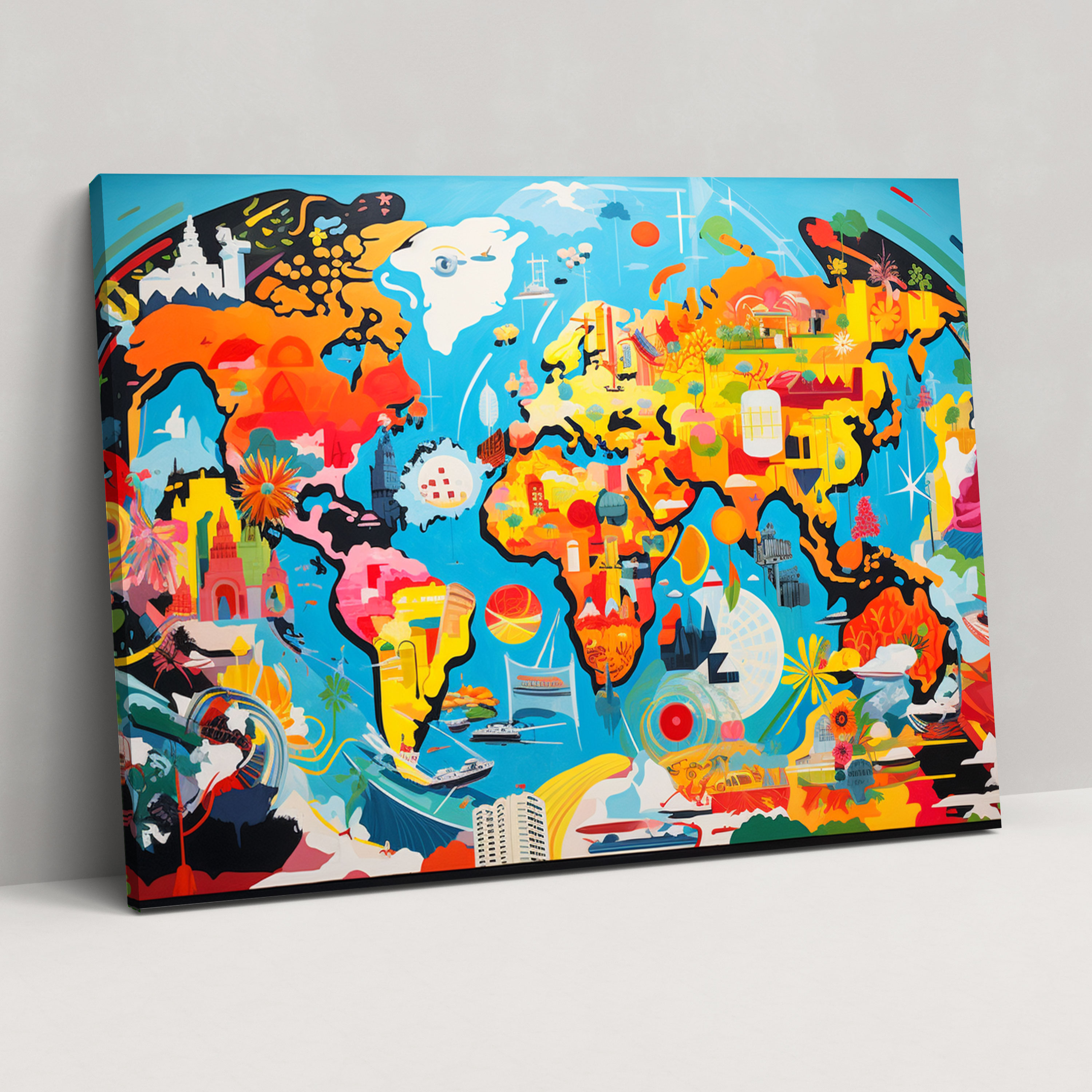 Pop Art World Map Wall Art - World Map, Wall Decoration, Iconic Symbols, Wall Art