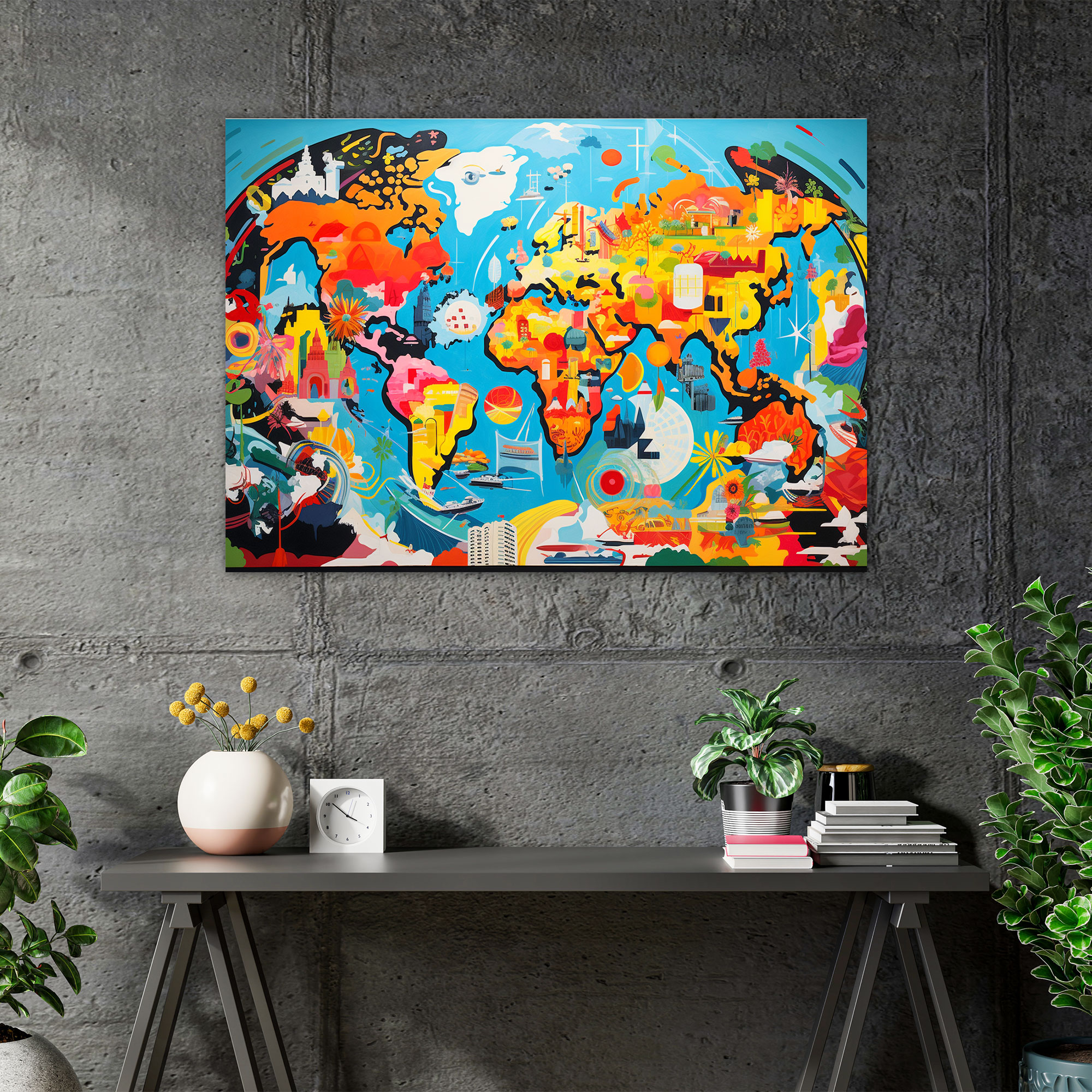 Pop Art World Map Wall Art - World Map, Wall Decoration, Iconic Symbols, Wall Art