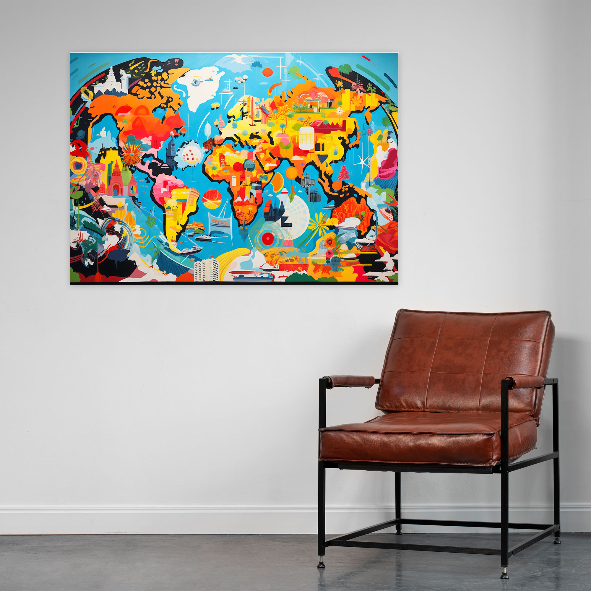 Pop Art World Map Wall Art - World Map, Wall Decoration, Iconic Symbols, Wall Art