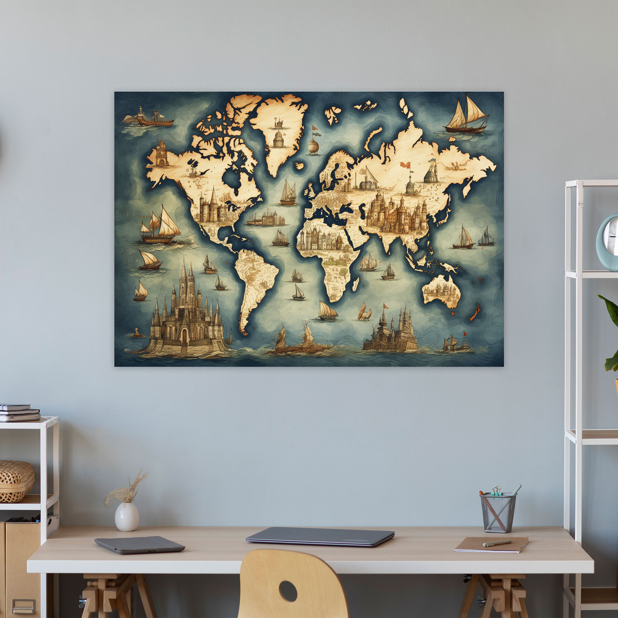 Hand-Drawn World Map Canvas Print - World Map, Hand-Drawn Style, Intricate Details, Wall Art