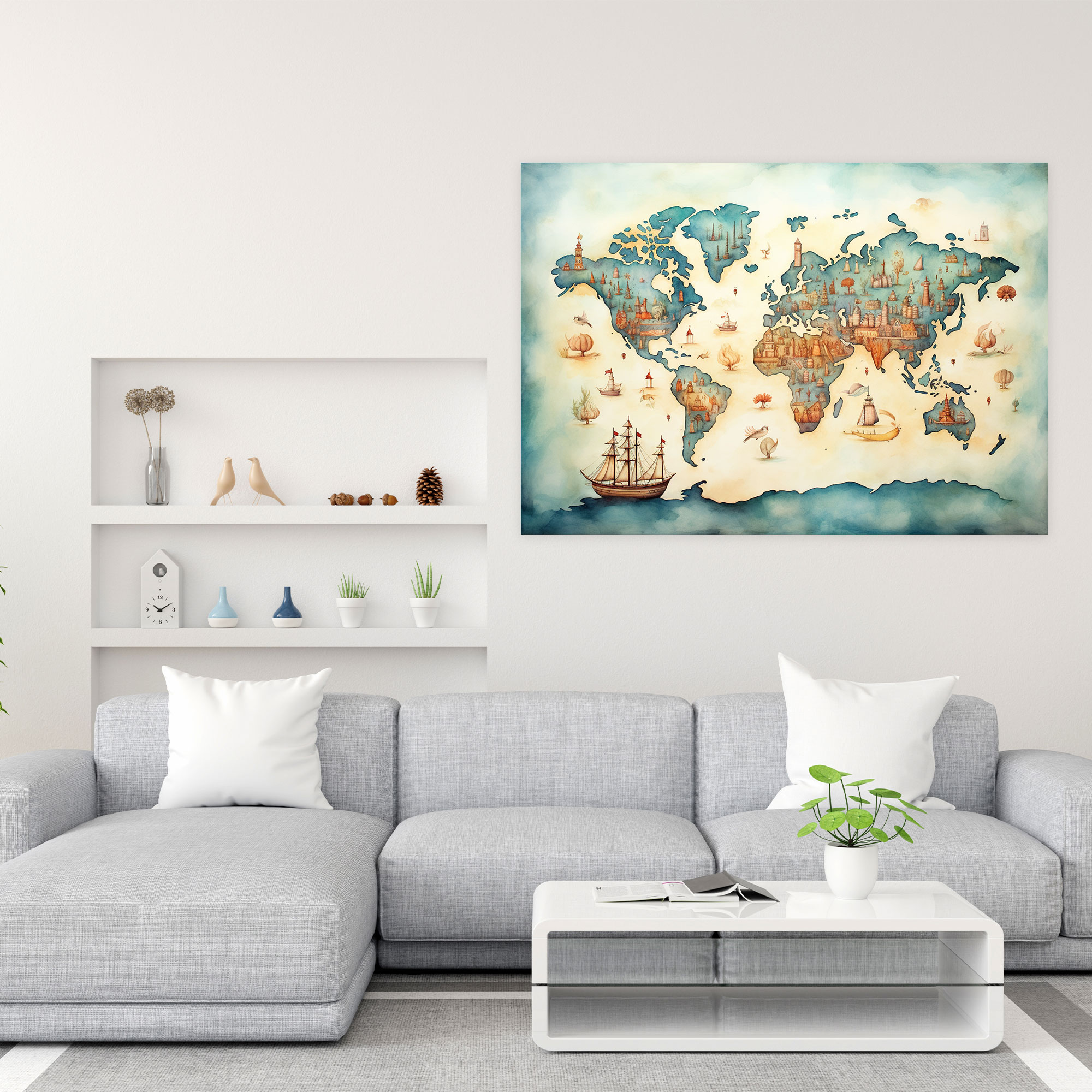 Whimsical World Map Canvas Print - World Map, Wall Art, Canvas, Wall Decoration