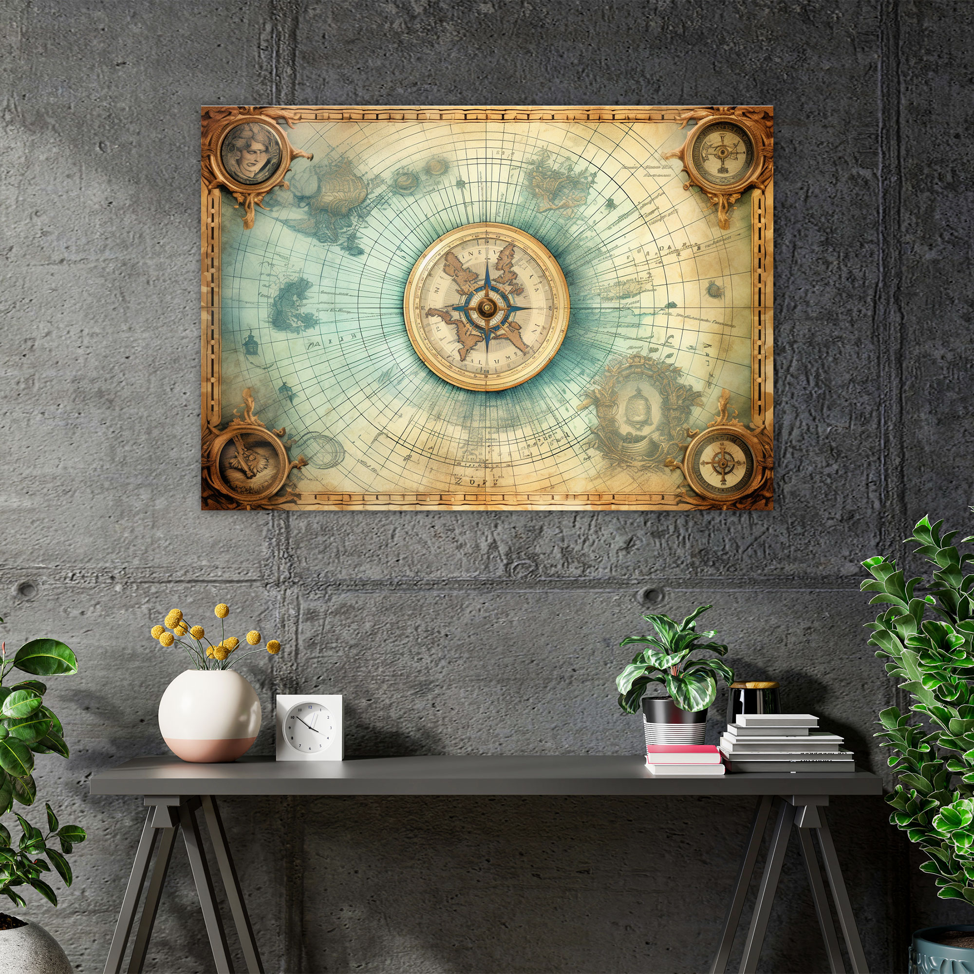 Vintage Nautical Map Canvas Print - World Map, Compass Illustrations, Vintage Nautical Chart, Home Decoration