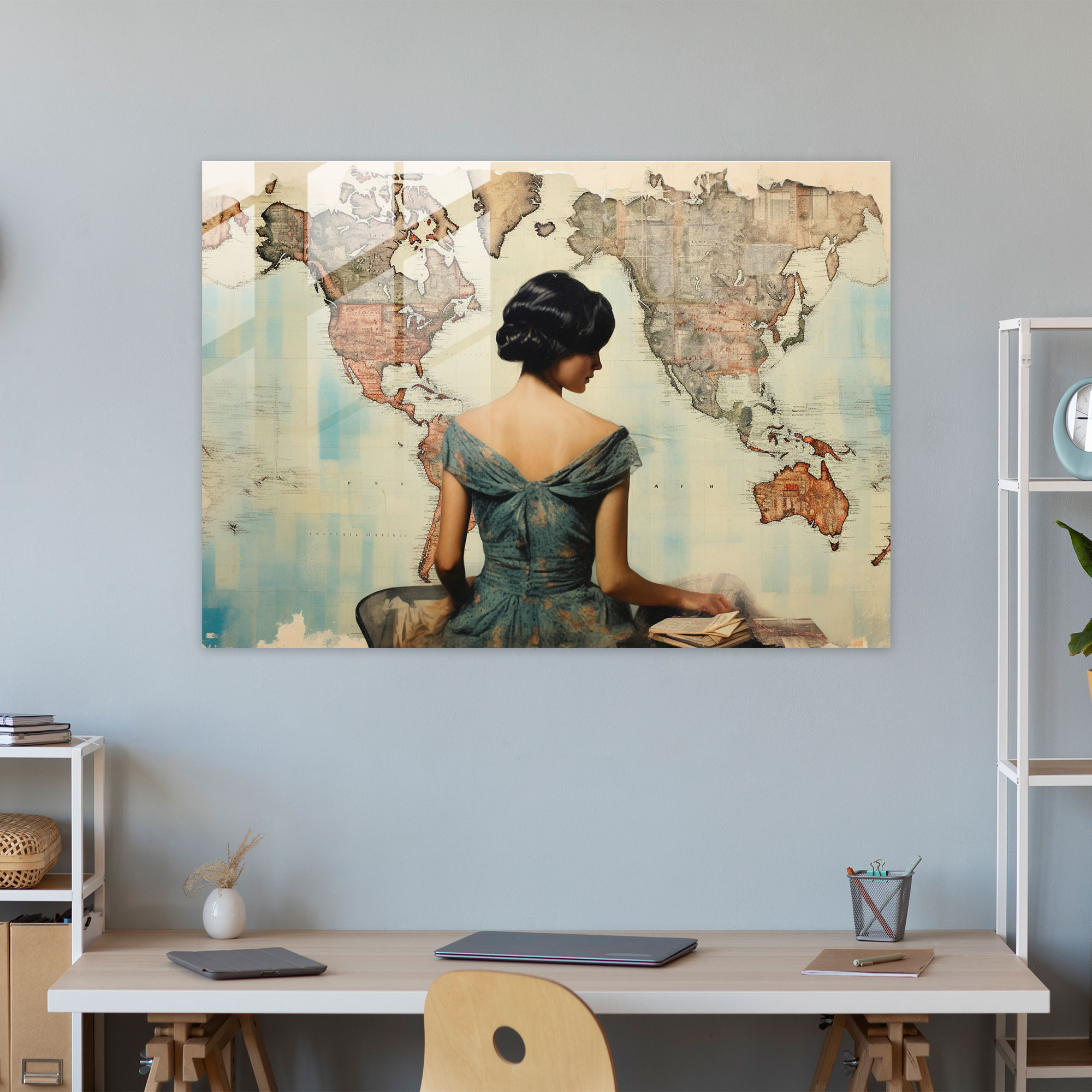 World Map 2 Home Decoration - World Map 2, Maps, Mixed Media Collage, Glass Print