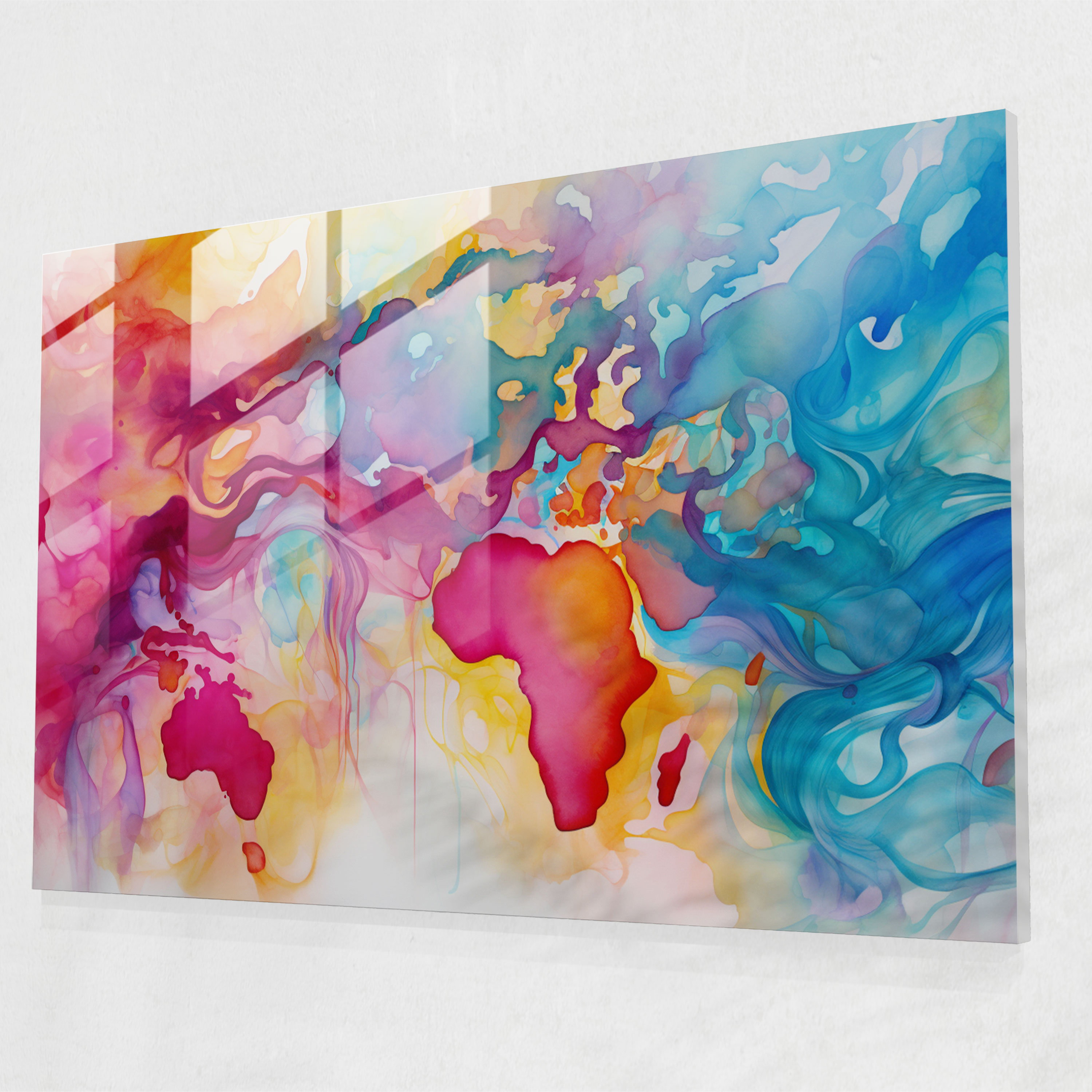 Abstract Glass Print - World Map 2, Vibrant Colors, Wall Decoration, World Map