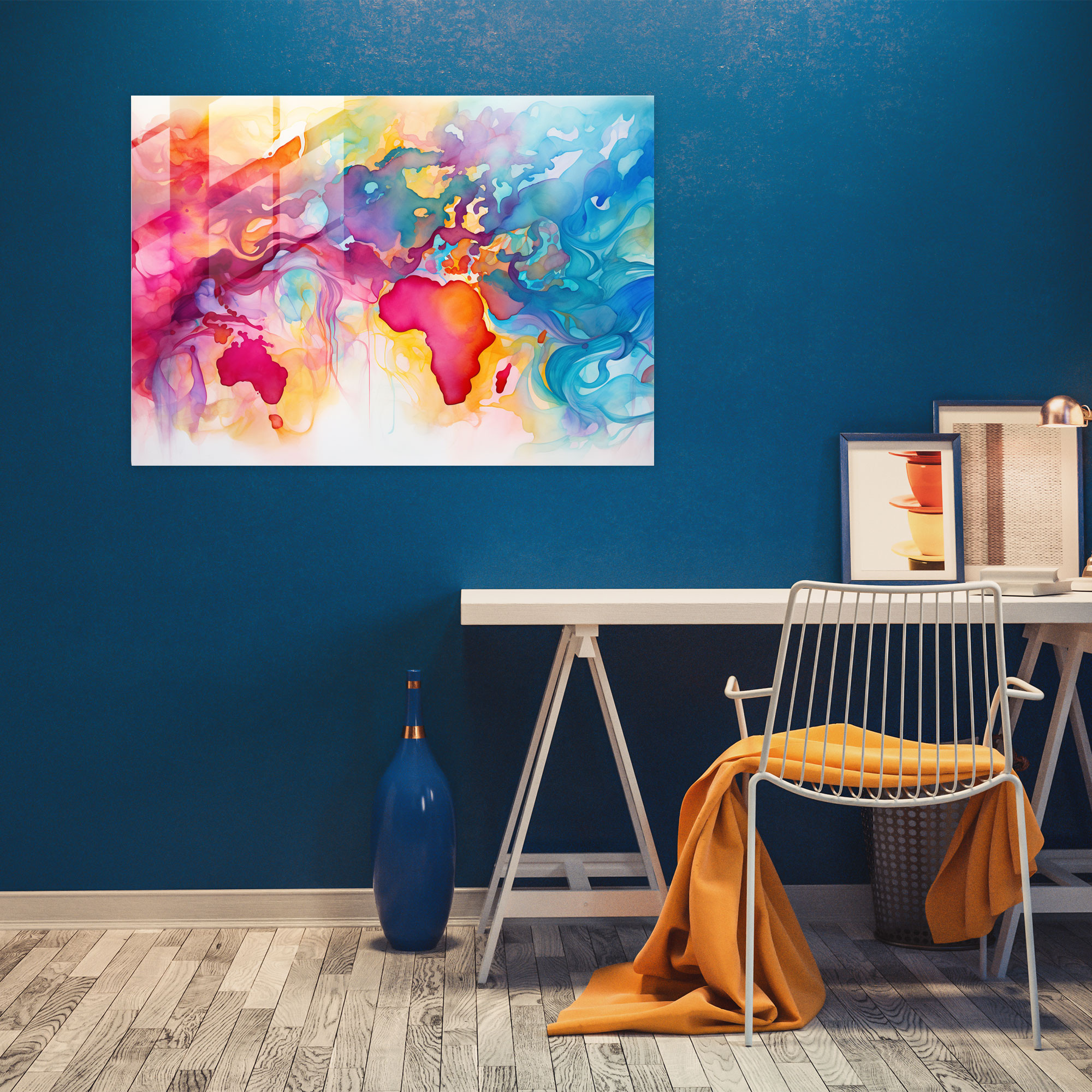 Abstract Glass Print - World Map 2, Vibrant Colors, Wall Decoration, World Map