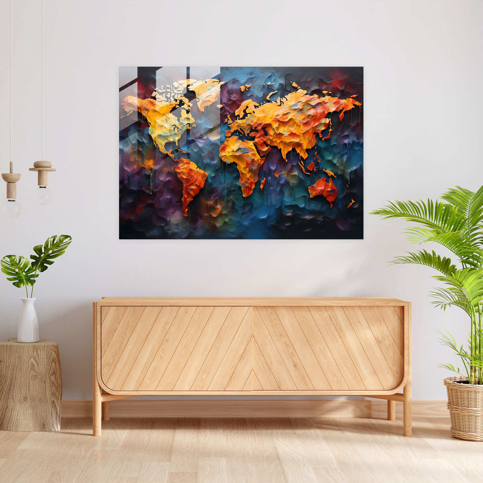 Oil Painting Glass Wall Art - World Map 2, Oil Painting, Wall Decoration, Fine Brush Strokes