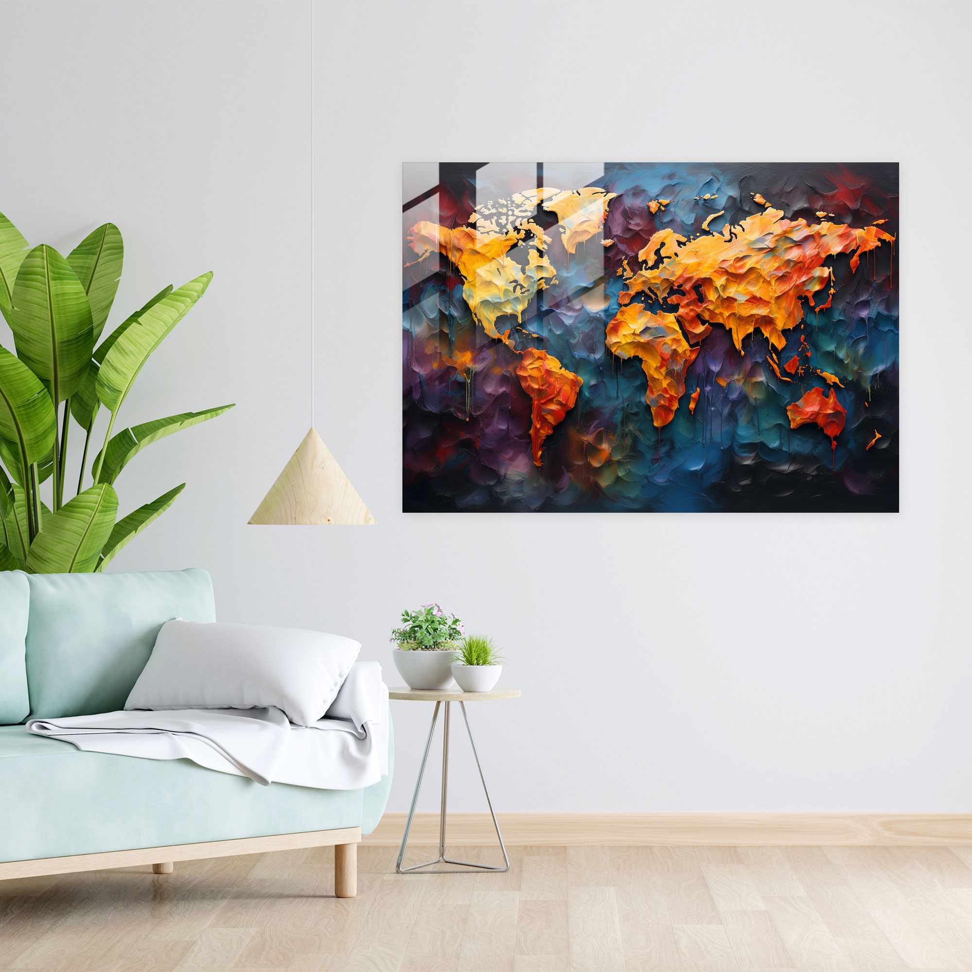 Oil Painting Glass Wall Art - World Map 2, Oil Painting, Wall Decoration, Fine Brush Strokes