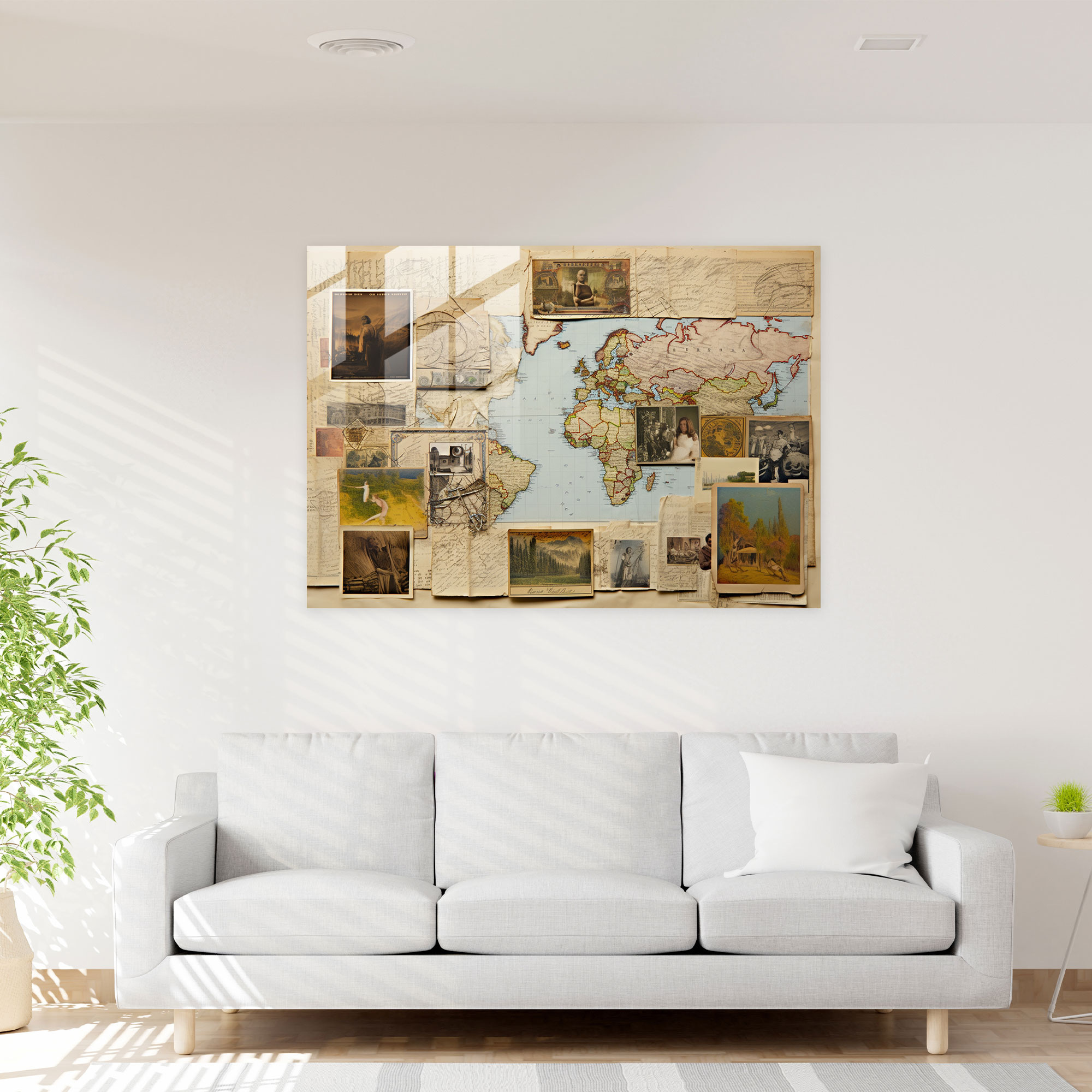 Vintage Postcard Glass Wall Art - World Map 2, Modern Art, Nostalgic, Wall Decoration