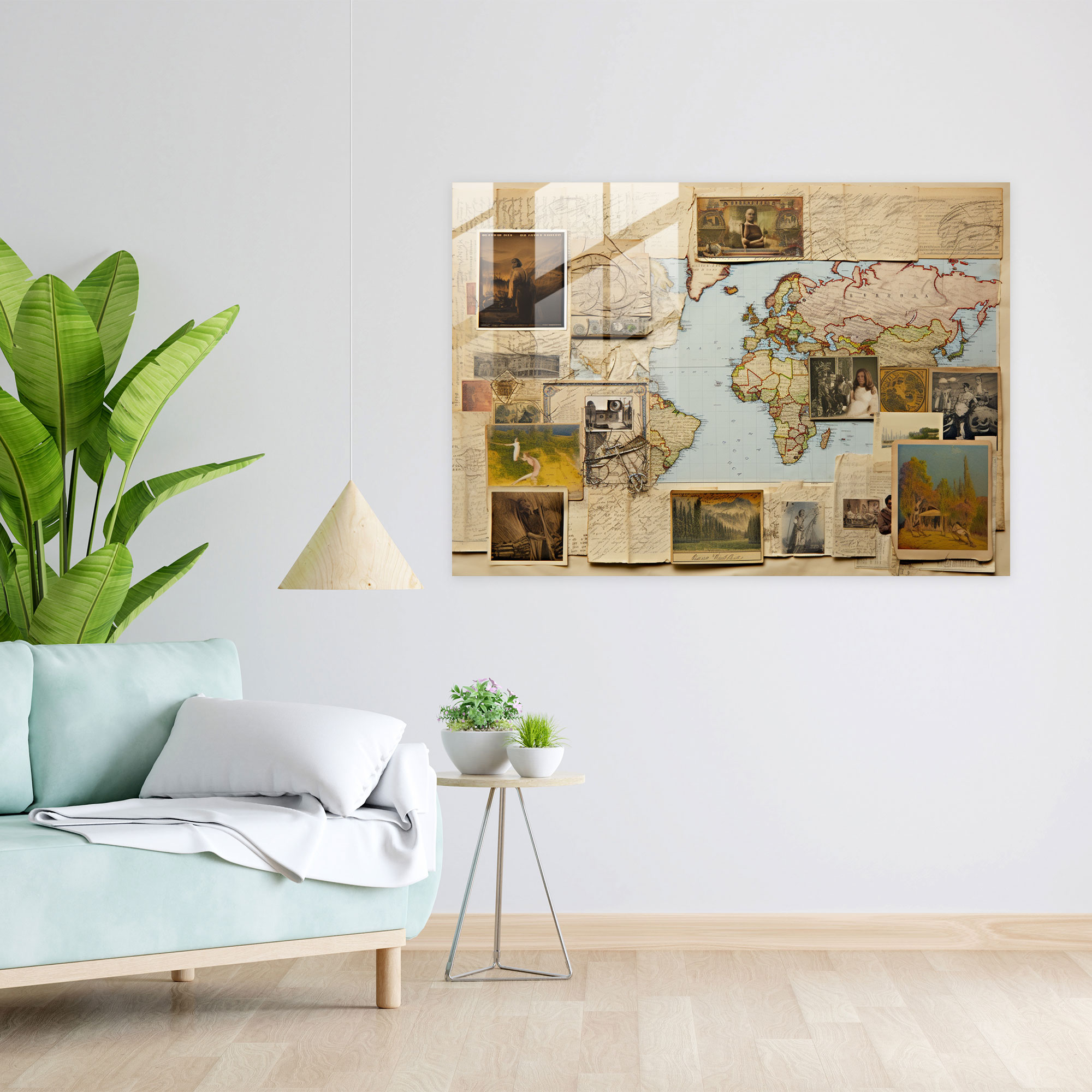 Vintage Postcard Glass Wall Art - World Map 2, Modern Art, Nostalgic, Wall Decoration