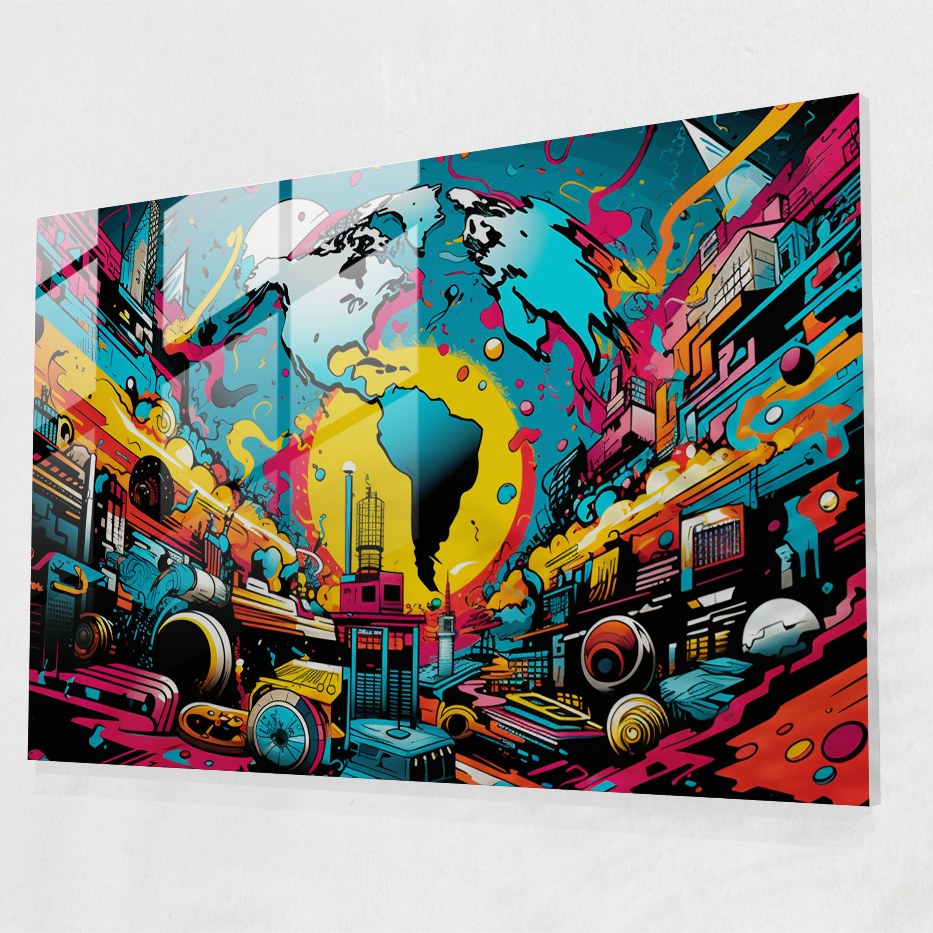 Pop Art Glass Print - World Map 2, Glass Print, Comic Book Inspired, Pop Art