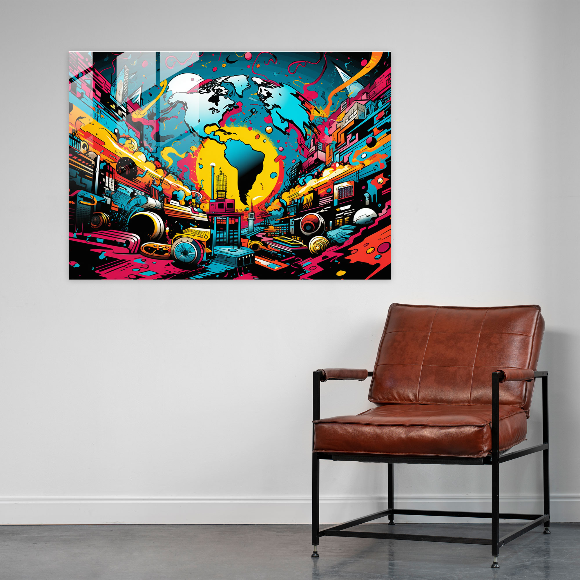 Pop Art Glass Print - World Map 2, Glass Print, Comic Book Inspired, Pop Art