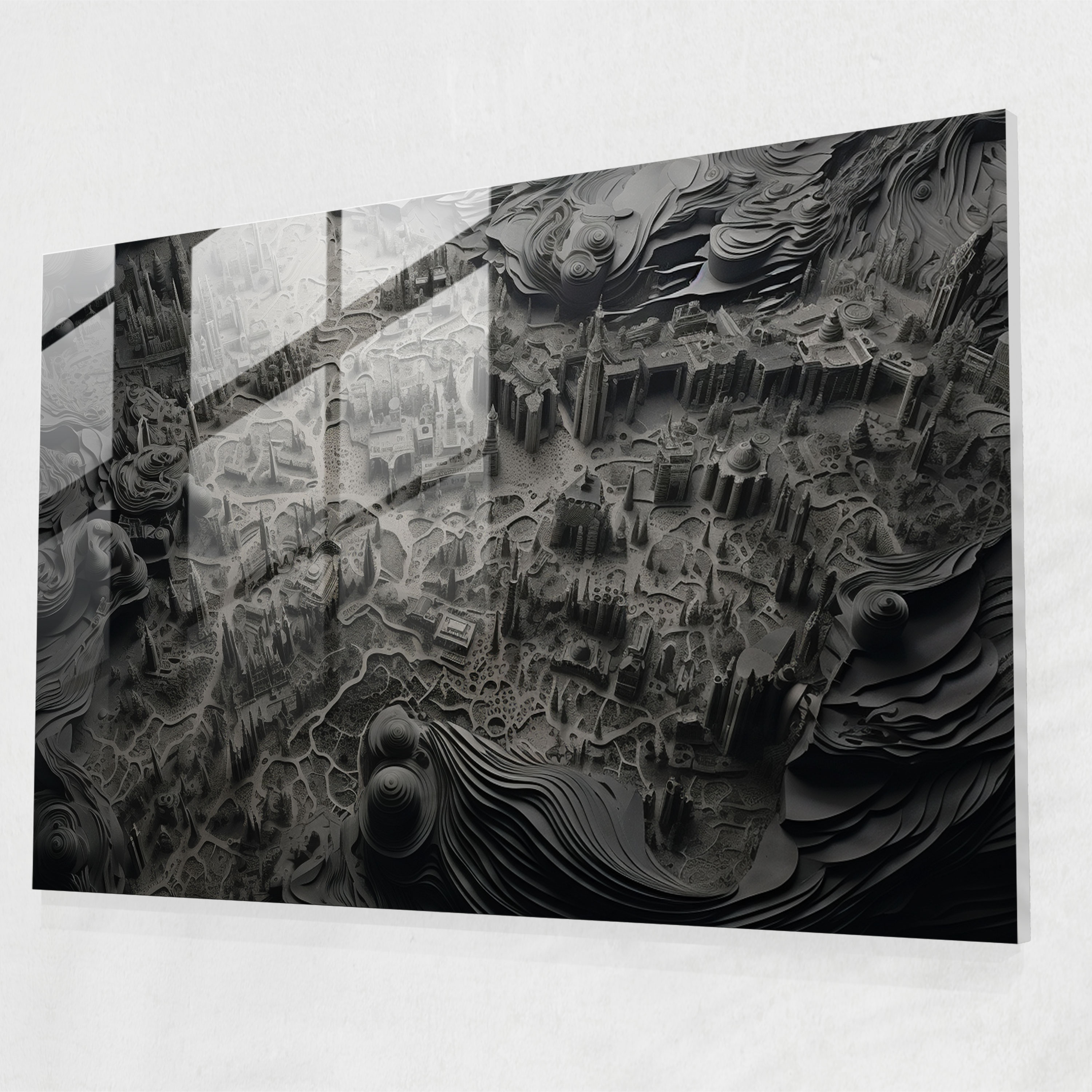 Black And White Aerial Glass Print - World Map 2, Black And White Photography, Home Decoration, Patterns
