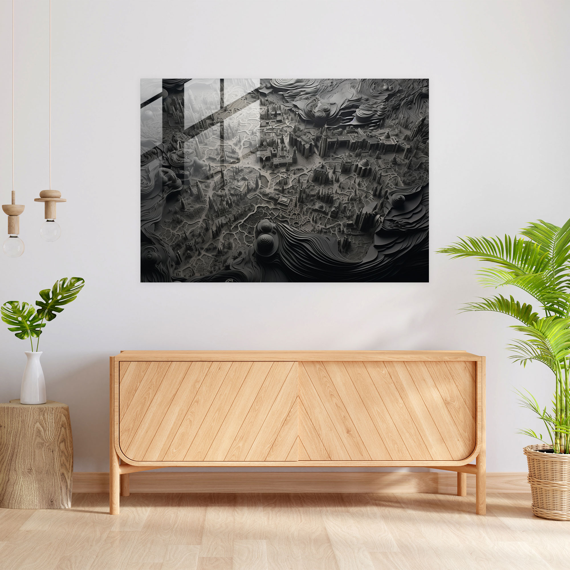 Black And White Aerial Glass Print - World Map 2, Black And White Photography, Home Decoration, Patterns