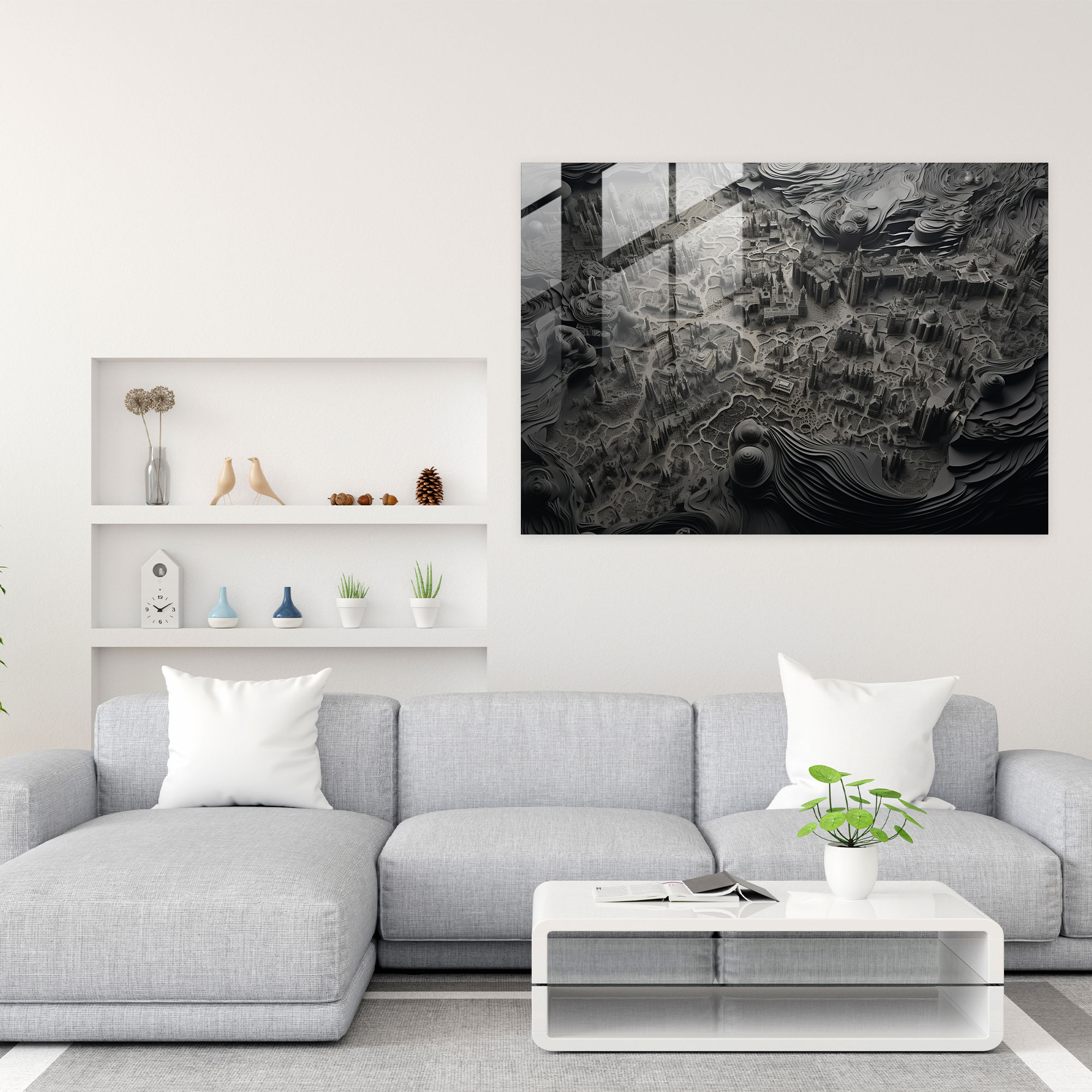 Black And White Aerial Glass Print - World Map 2, Black And White Photography, Home Decoration, Patterns