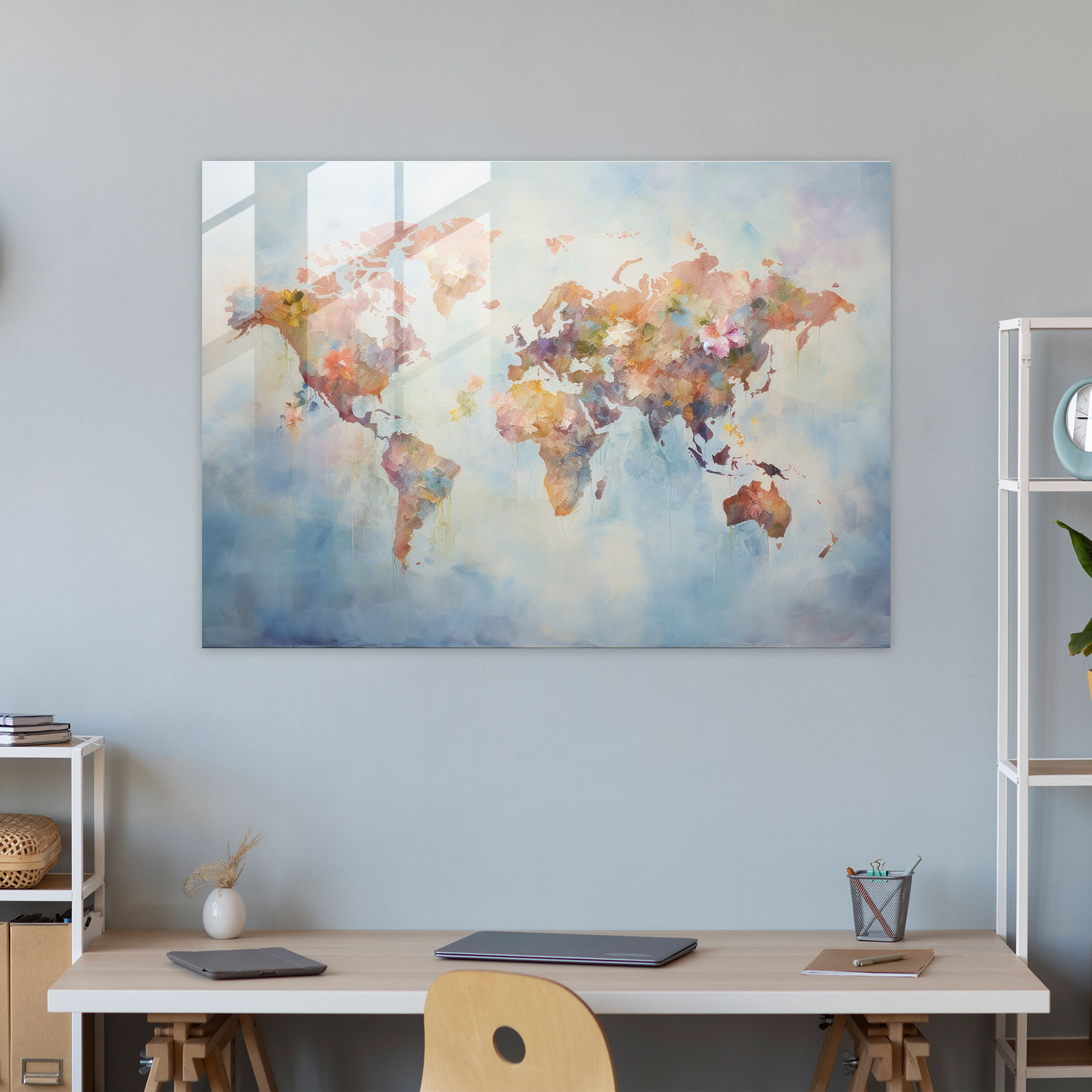 Impressionist Glass Print - World Map 2, Glass Print, Soft Brushstrokes, Impressionist Painting