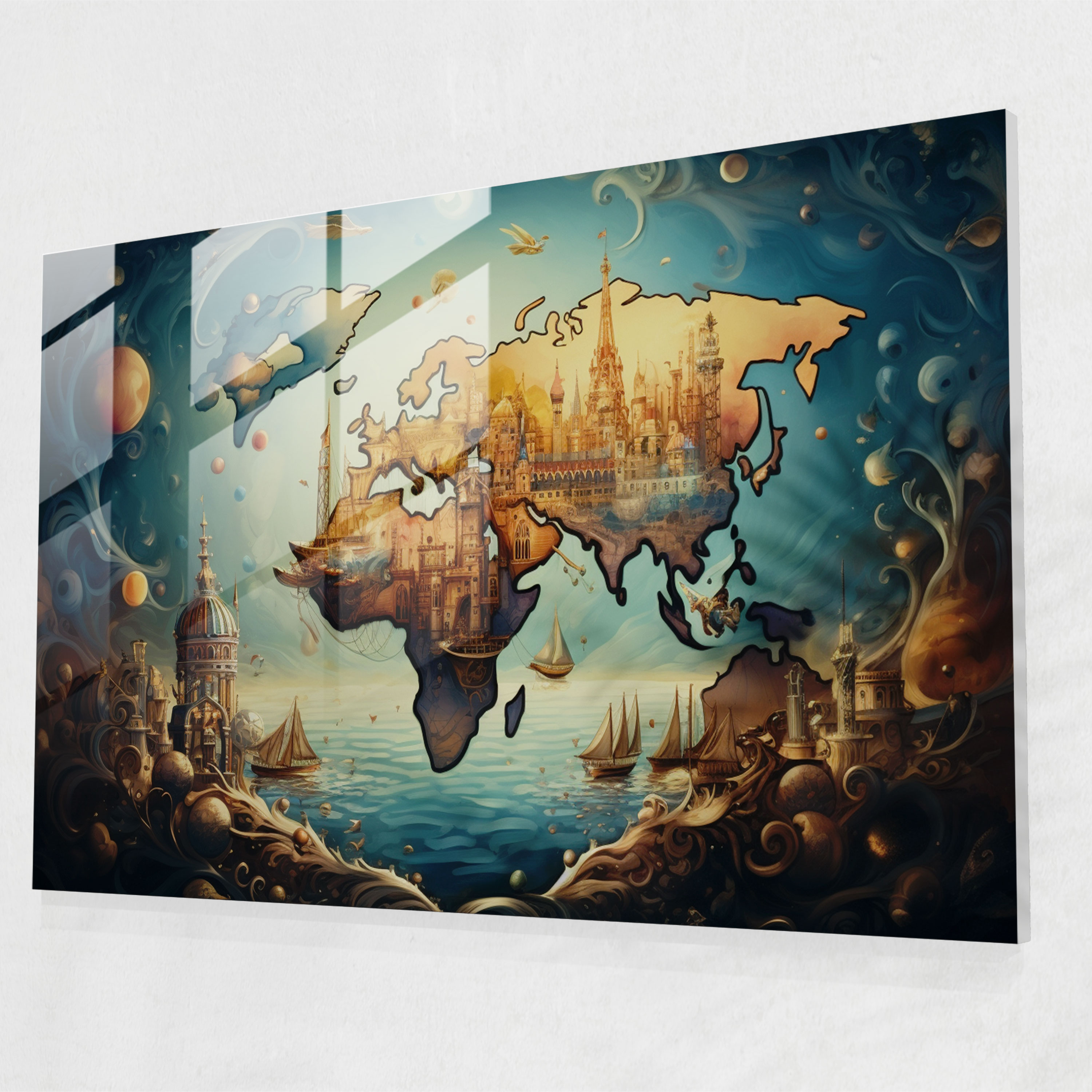 Surreal Glass Print - World Map 2, Unexpected Elements, World Map, Glass Wall Art