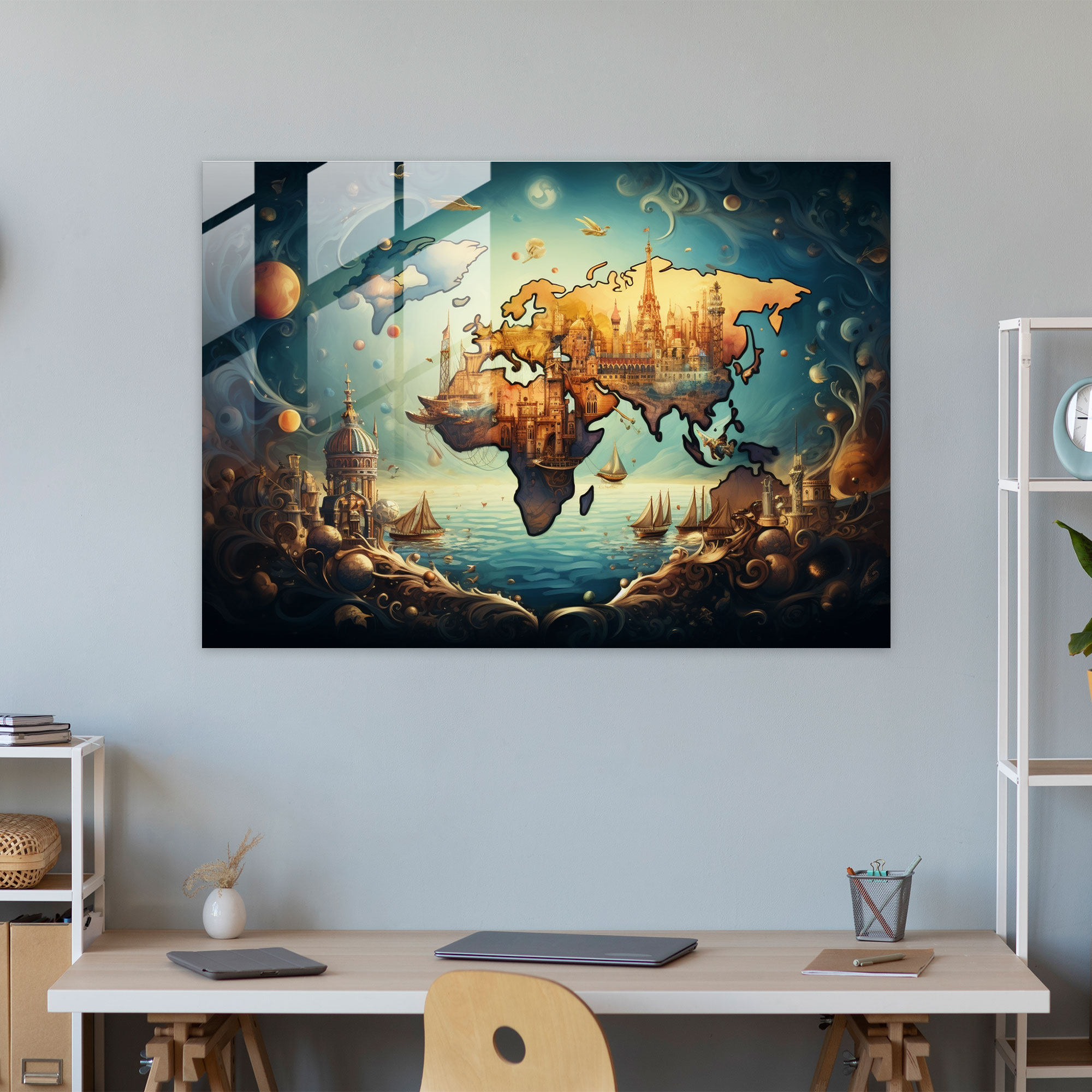 Surreal Glass Print - World Map 2, Unexpected Elements, World Map, Glass Wall Art