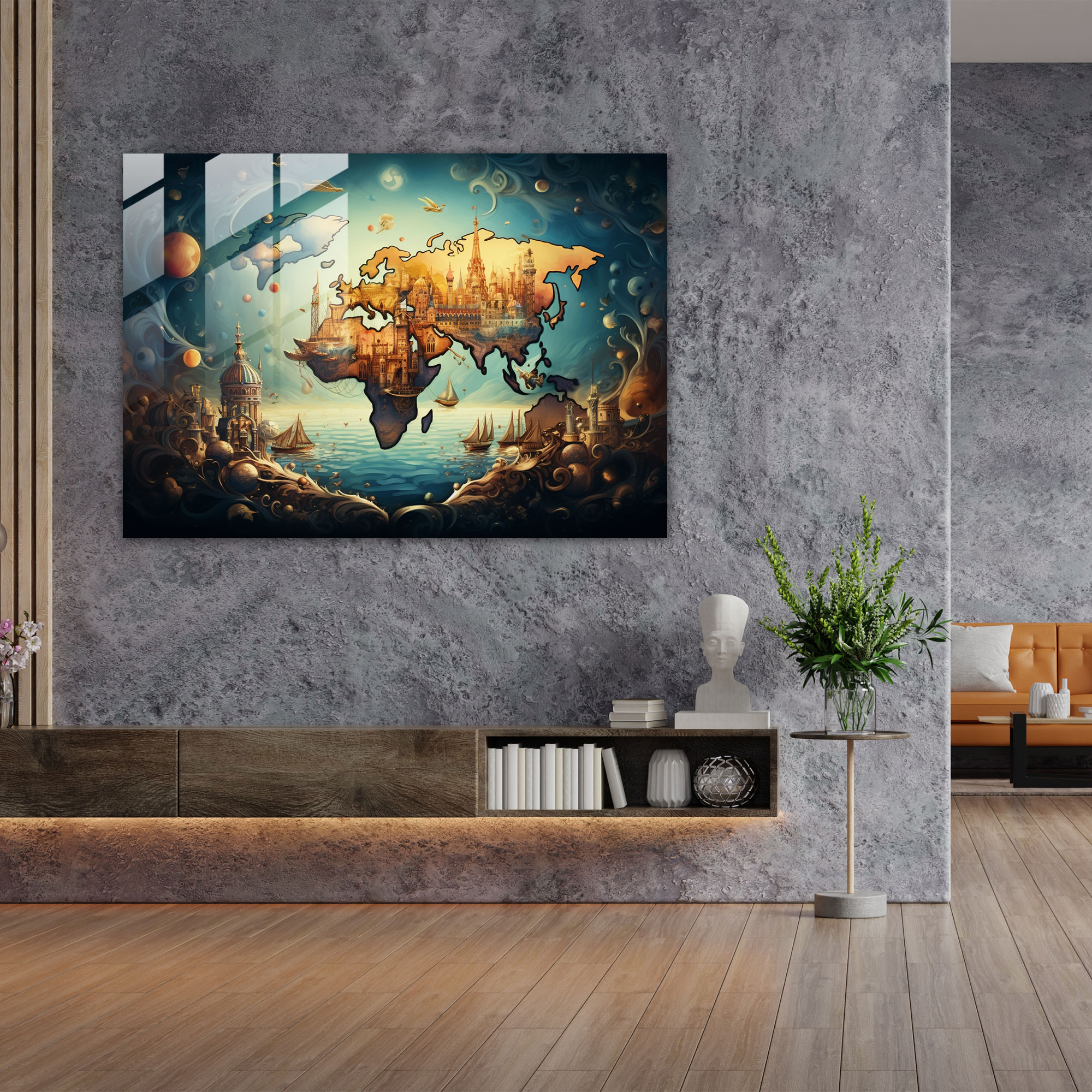 Surreal Glass Print - World Map 2, Unexpected Elements, World Map, Glass Wall Art