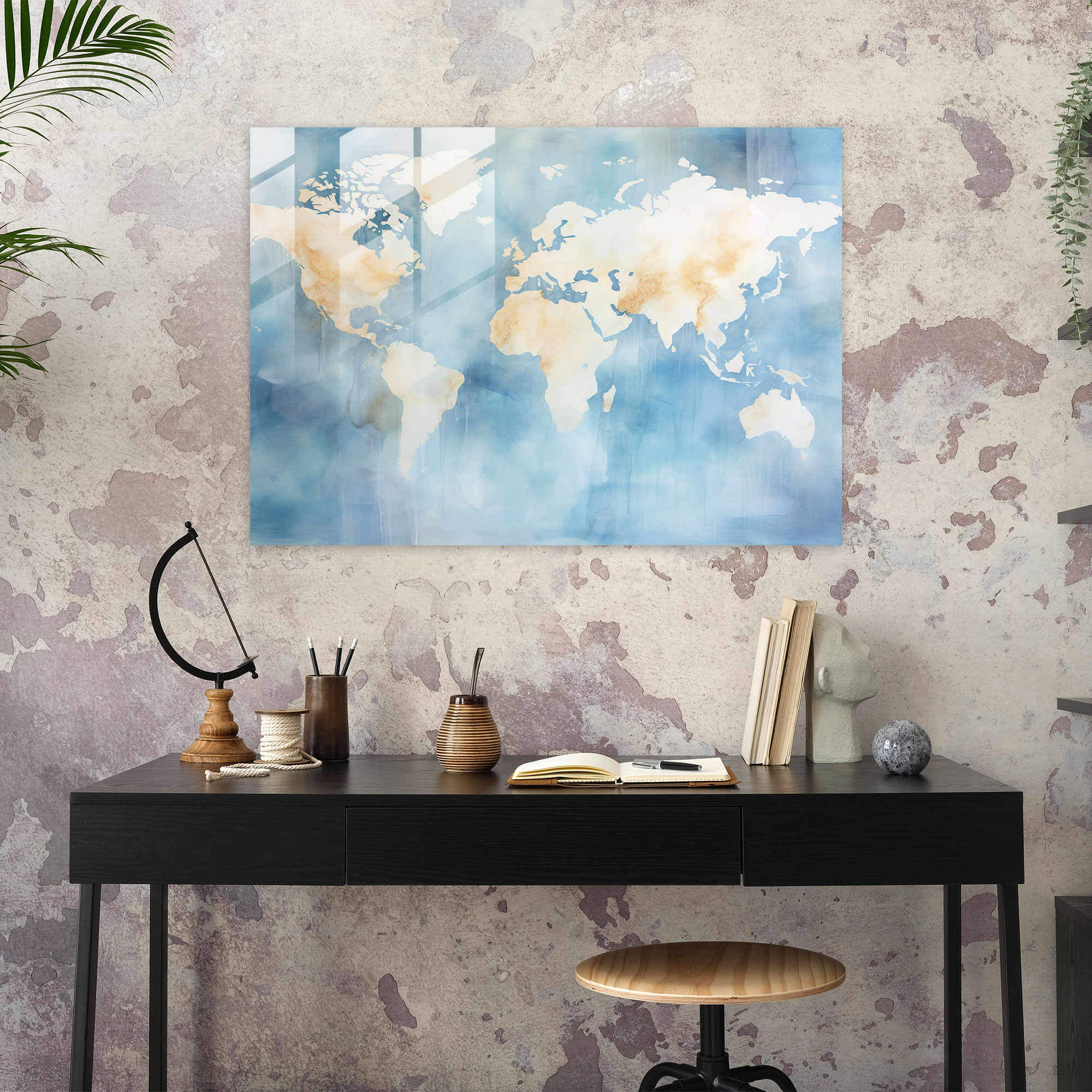 Ethereal World Map Glass Print - World Map 2, Glass Print, Soft Brushstrokes, Glass Wall Art