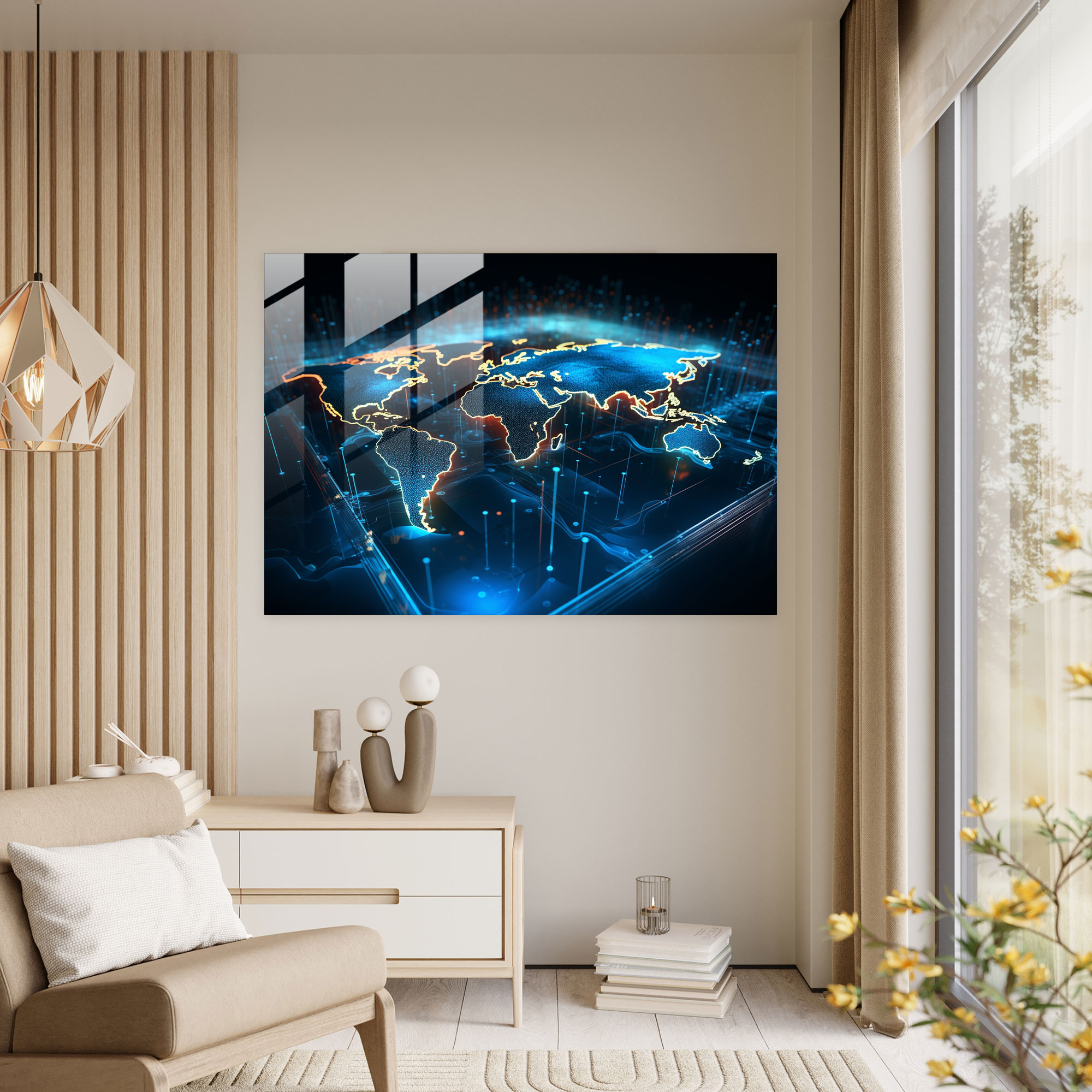 Neon World Map Glass Print - World Map 2, Neon Colors, Holographic Effect, Modern Art