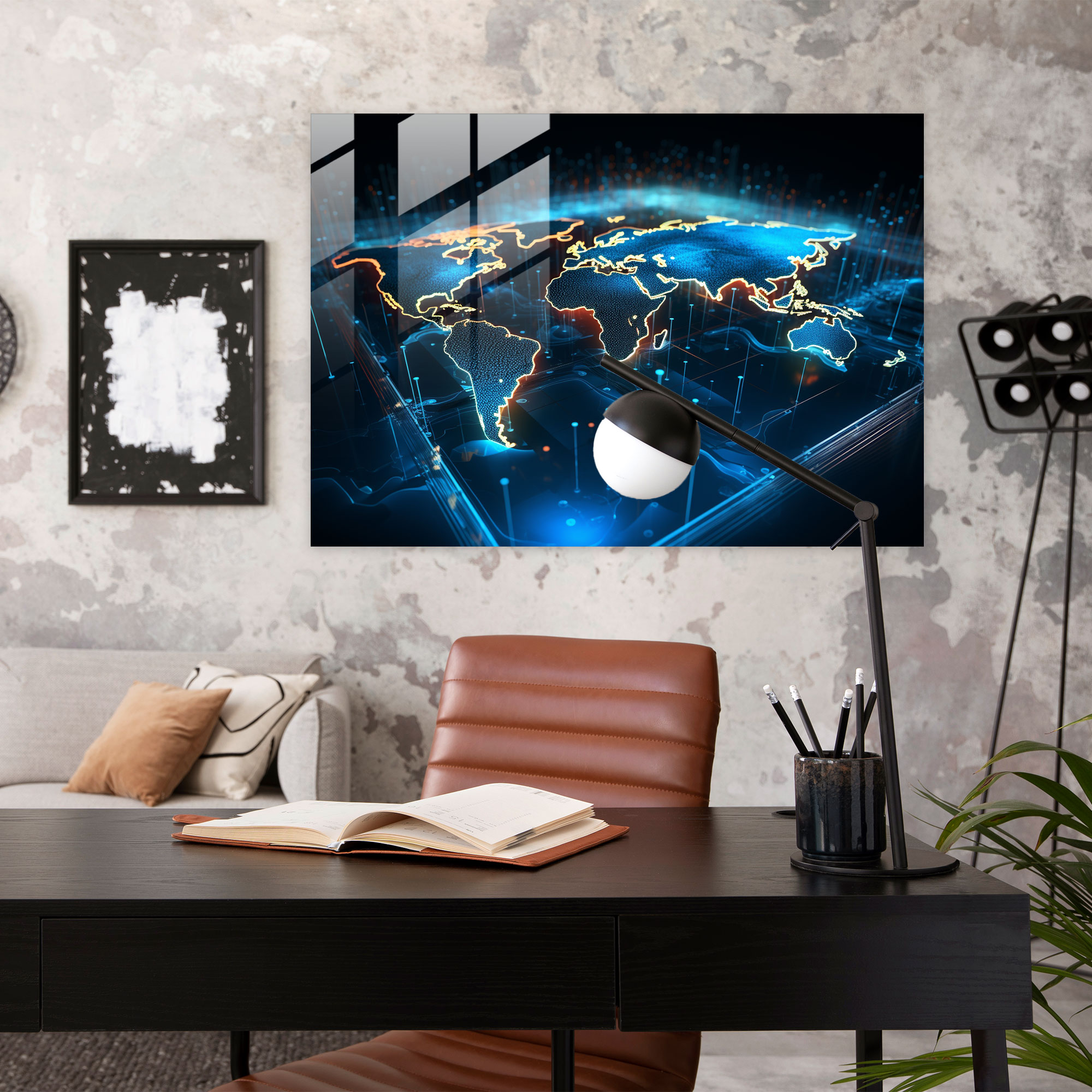 Neon World Map Glass Print - World Map 2, Neon Colors, Holographic Effect, Modern Art