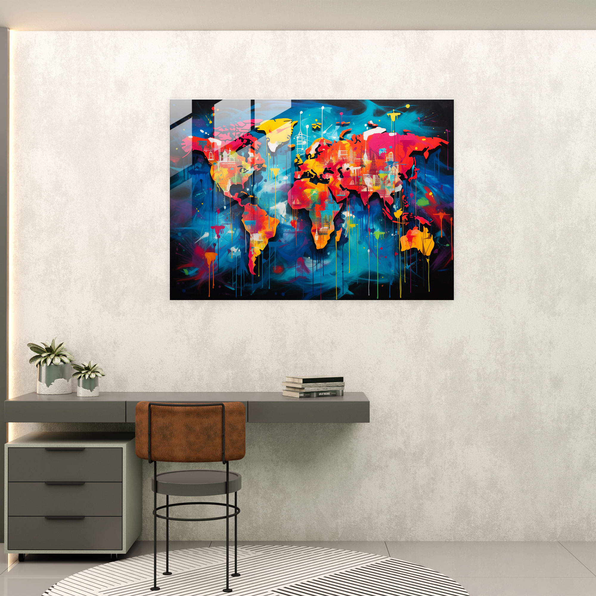 [World Map] Modern Art - World Map 2, Comic Book-Inspired, Vibrant World Map, Glass Print