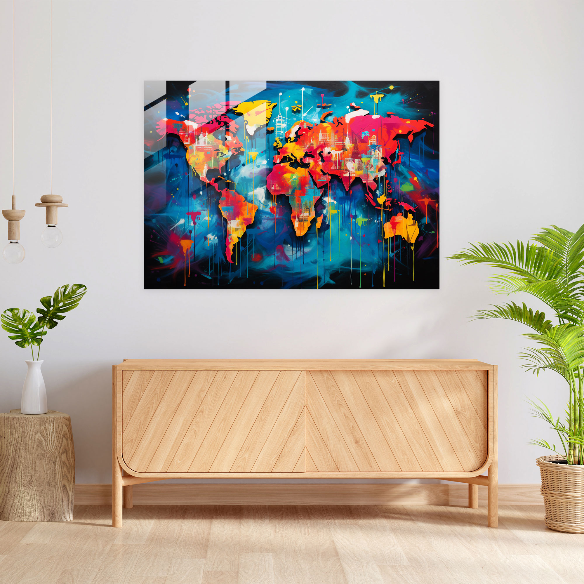 [World Map] Modern Art - World Map 2, Comic Book-Inspired, Vibrant World Map, Glass Print