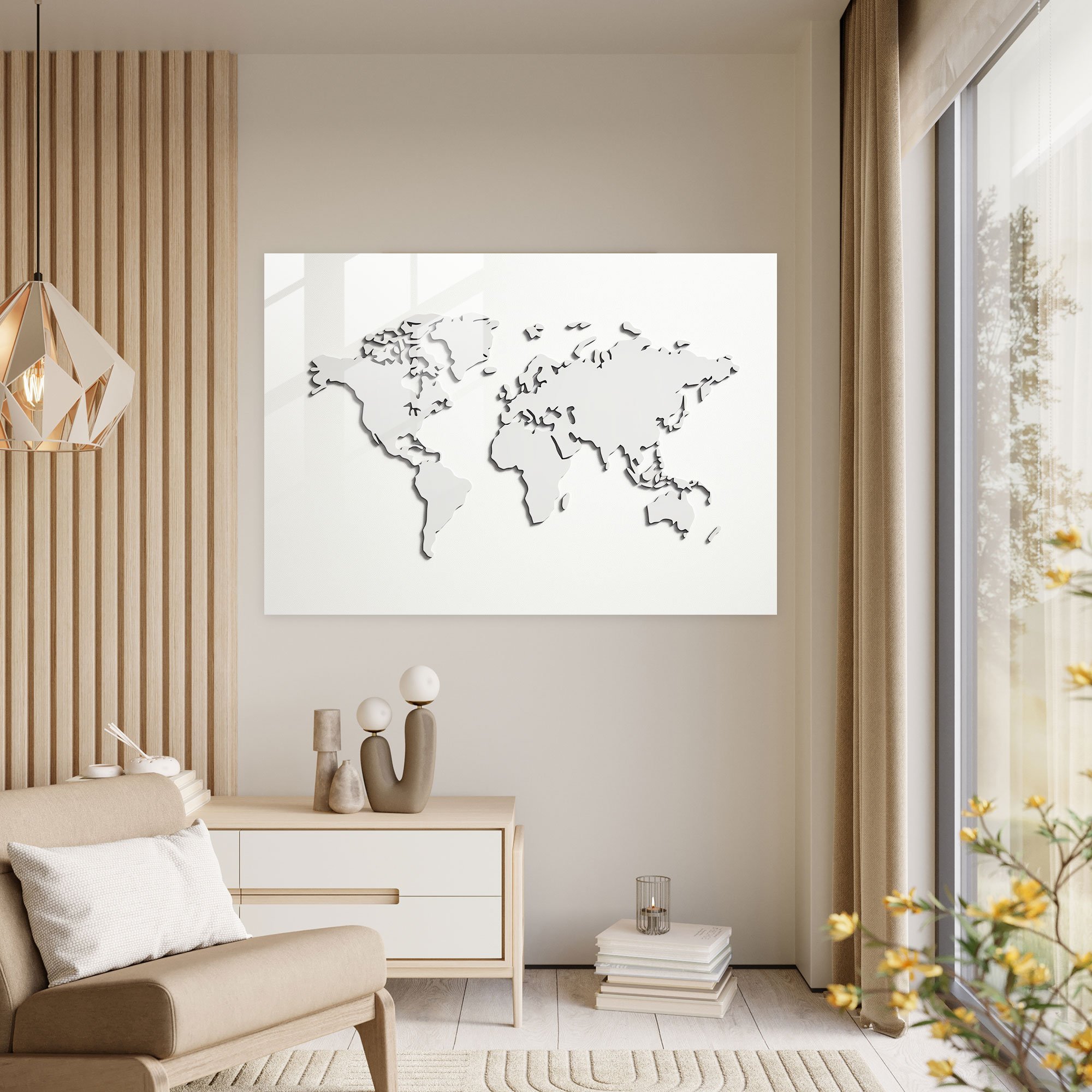 [World Map] Glass Wall Art - Minimalist Line World Map - World Map 2, Glass Wall Art, Modern Art, Clean Lines