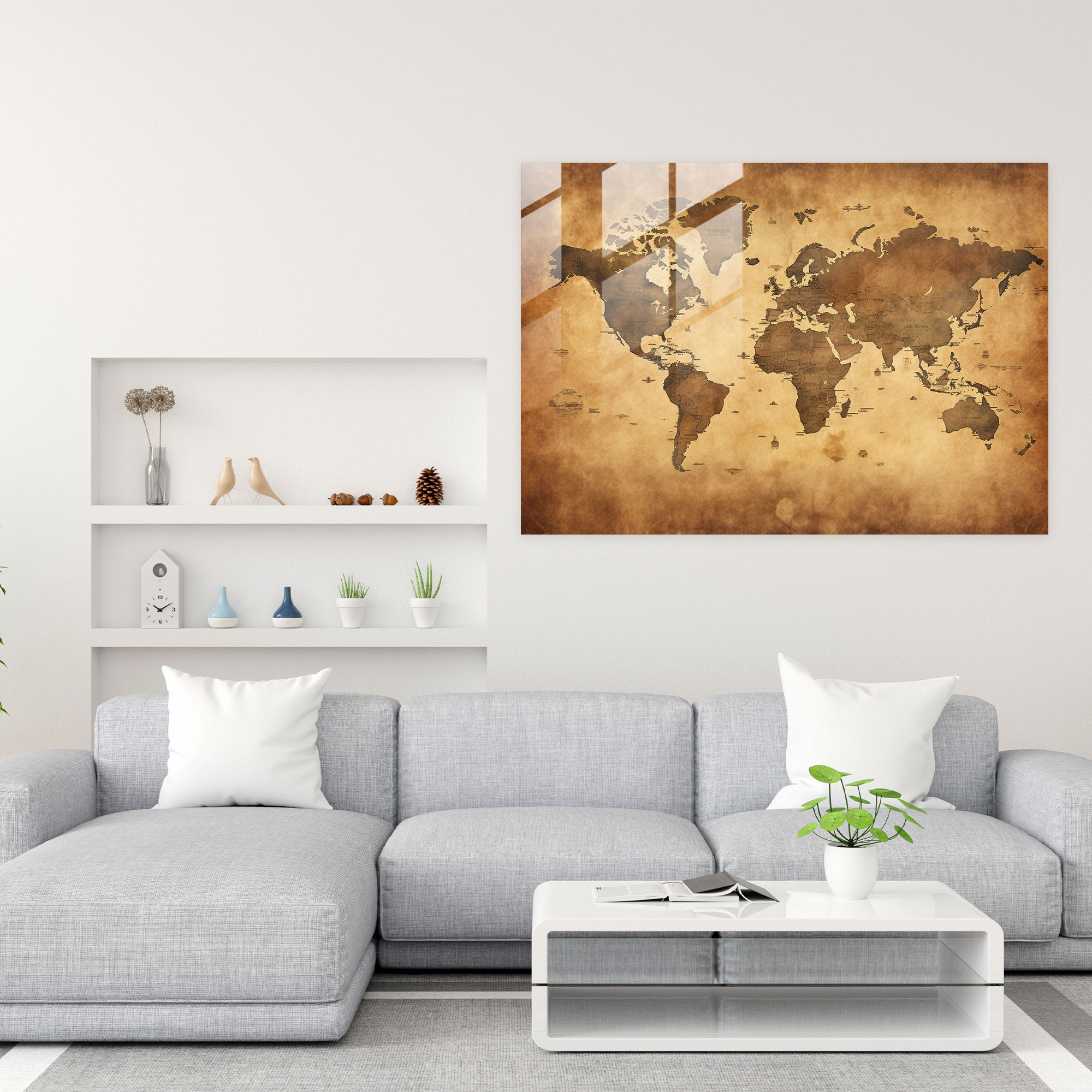 World Map Glass Print - Antique Style - World Map 2, Antique Style, Wall Decoration, Nostalgia