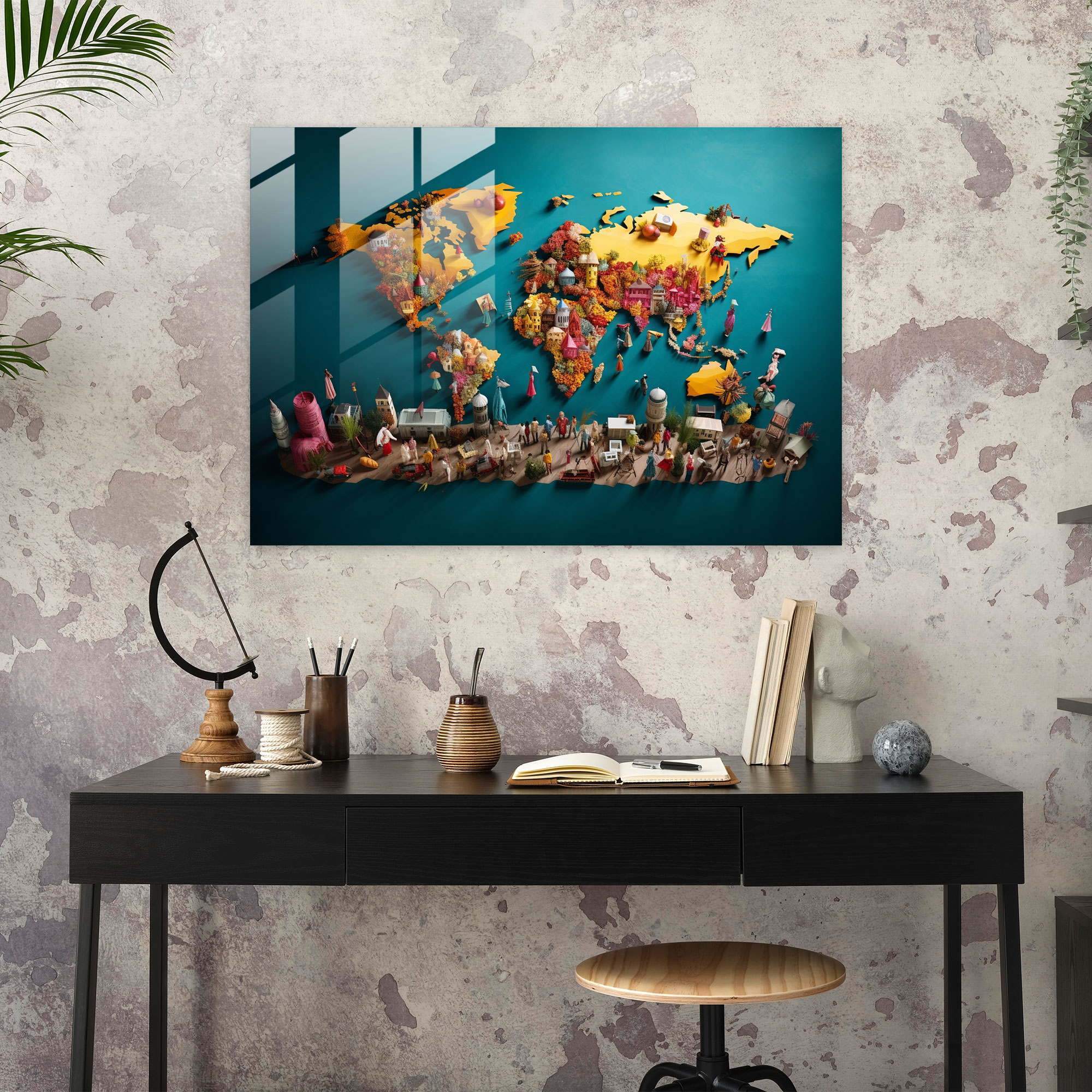 World Map Glass Wall Art - Travel Photography Collage - World Map 2, Glass Print, Diversity, Glass Wall Art