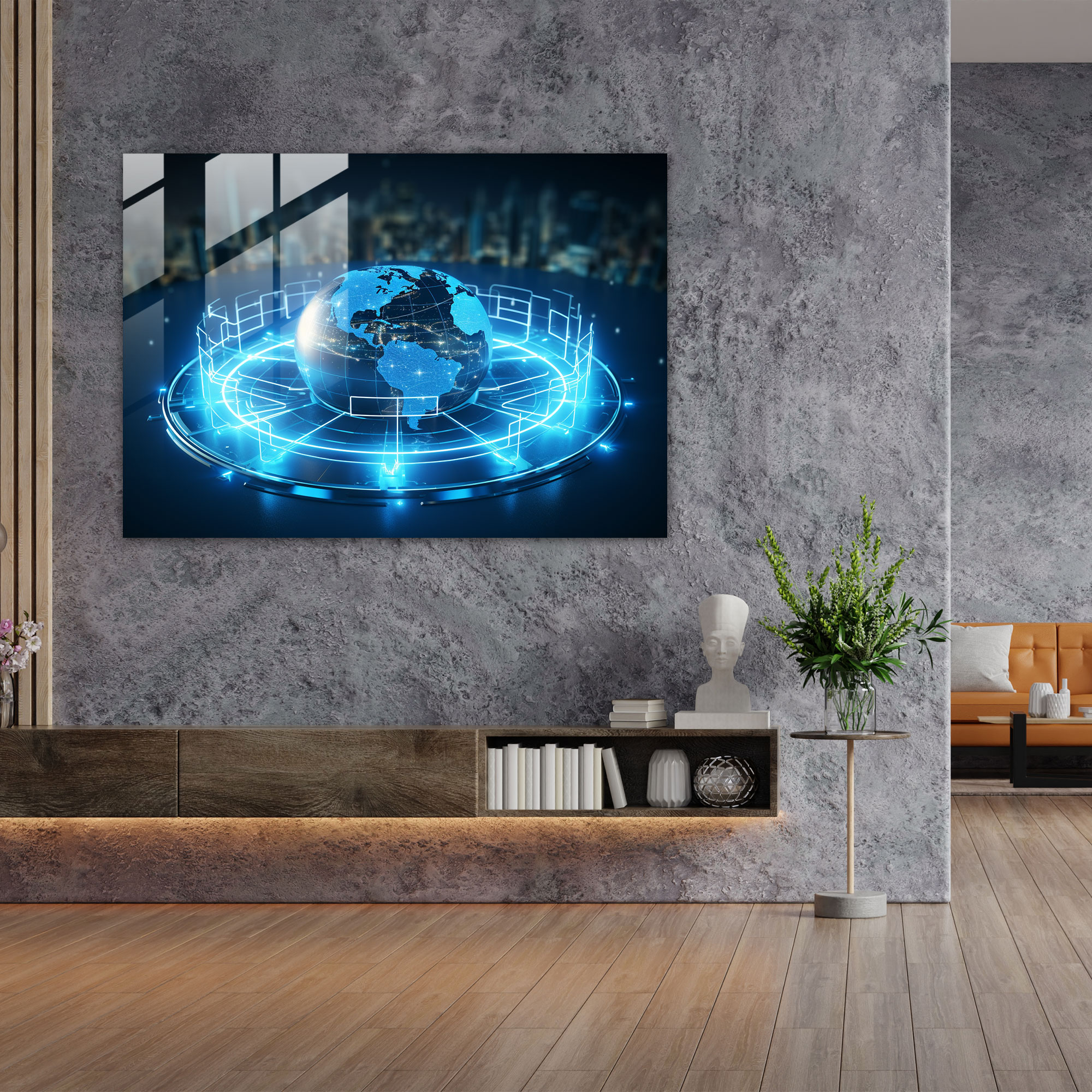 World Map Glass Print - Futuristic Holography - World Map 2, Home Decoration, Technology, Wall Decoration