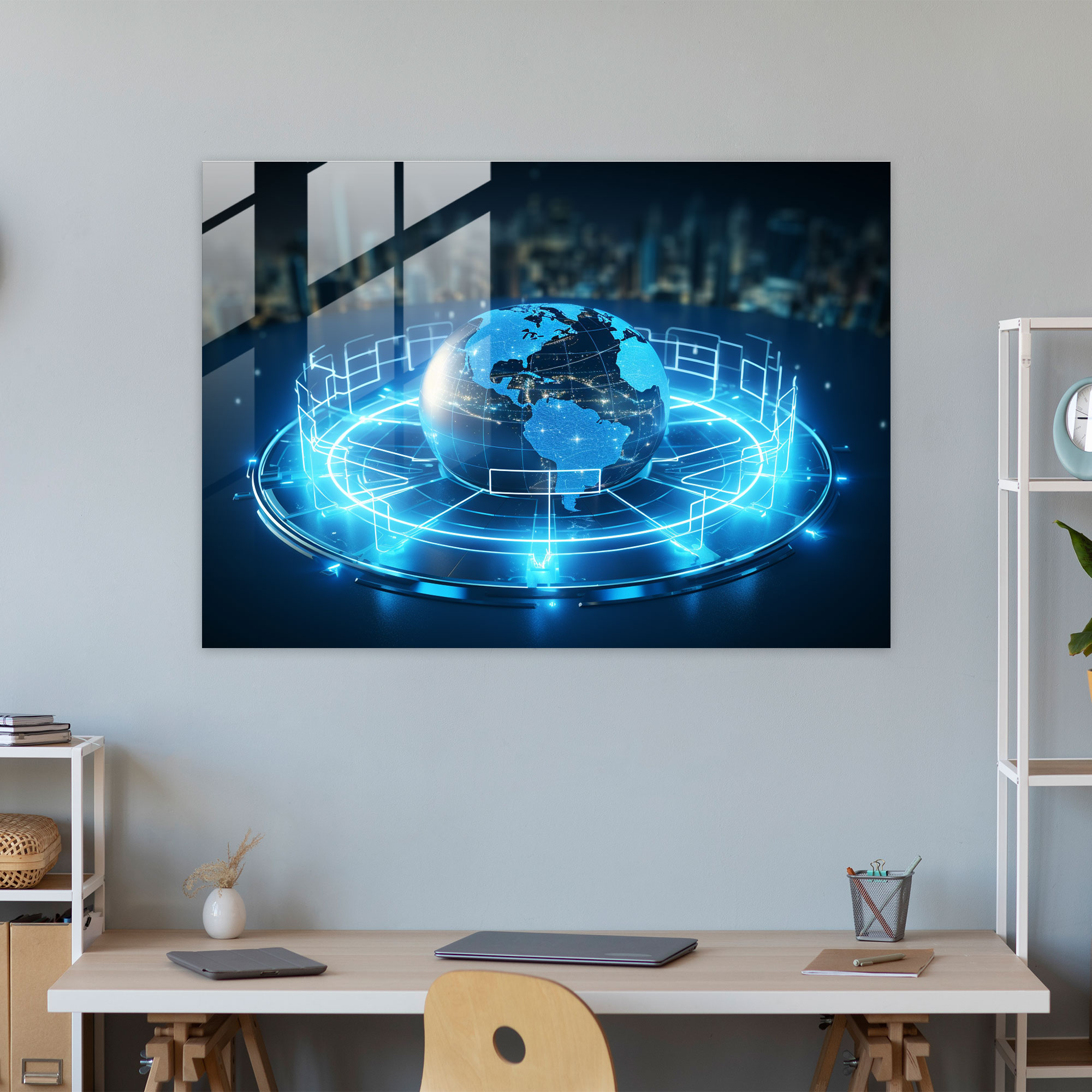 World Map Glass Print - Futuristic Holography - World Map 2, Home Decoration, Technology, Wall Decoration