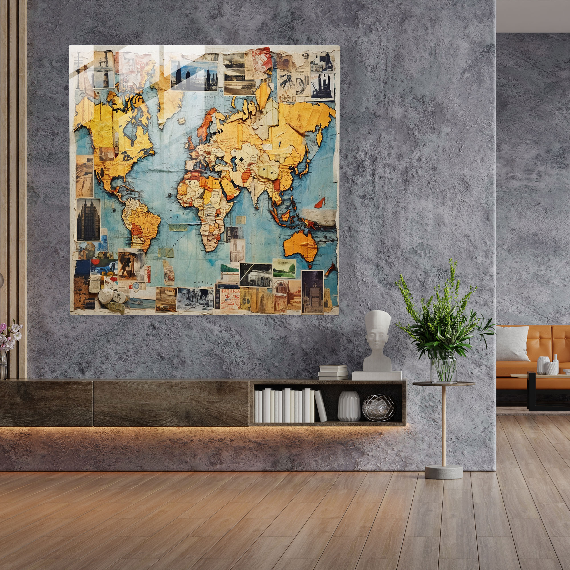 World Map Glass Print - Collage Art - World Map, Home Decoration, Collage Art, Glass Print
