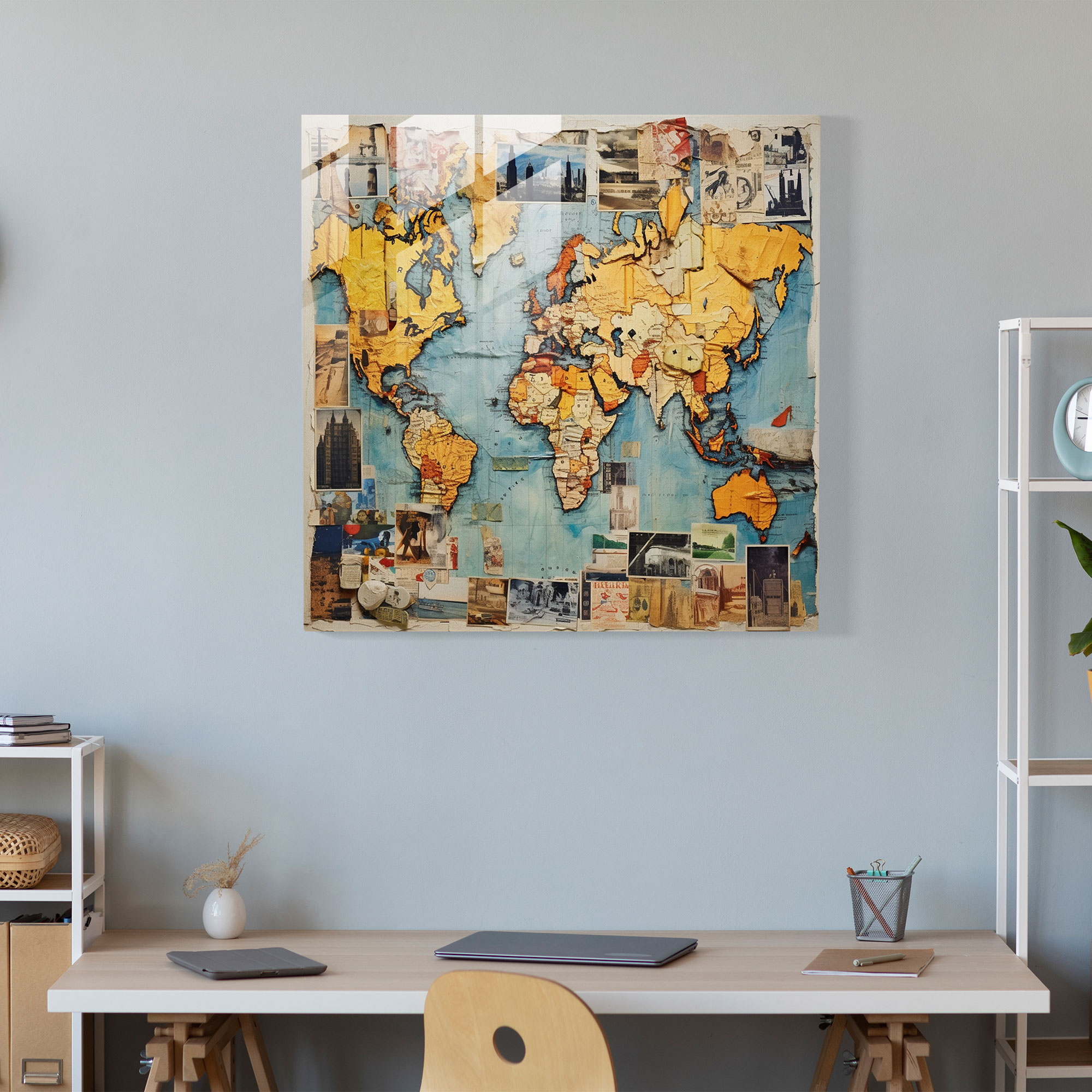 World Map Glass Print - Collage Art - World Map, Home Decoration, Collage Art, Glass Print