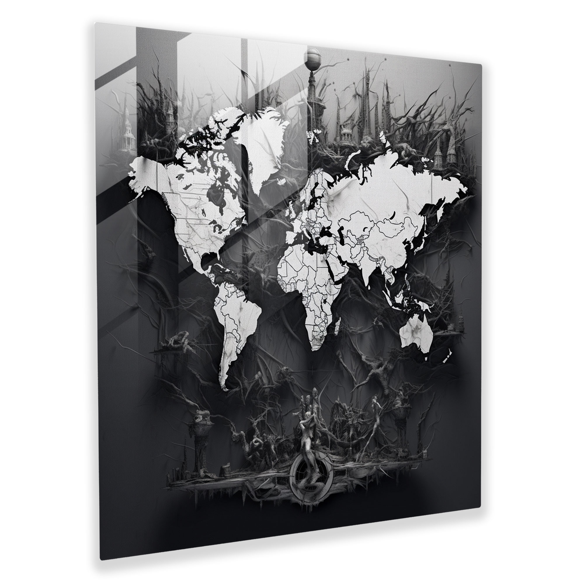 World Map Glass Print - Black And White Photography - World Map, World Map, Glass Print, Glass Wall Art