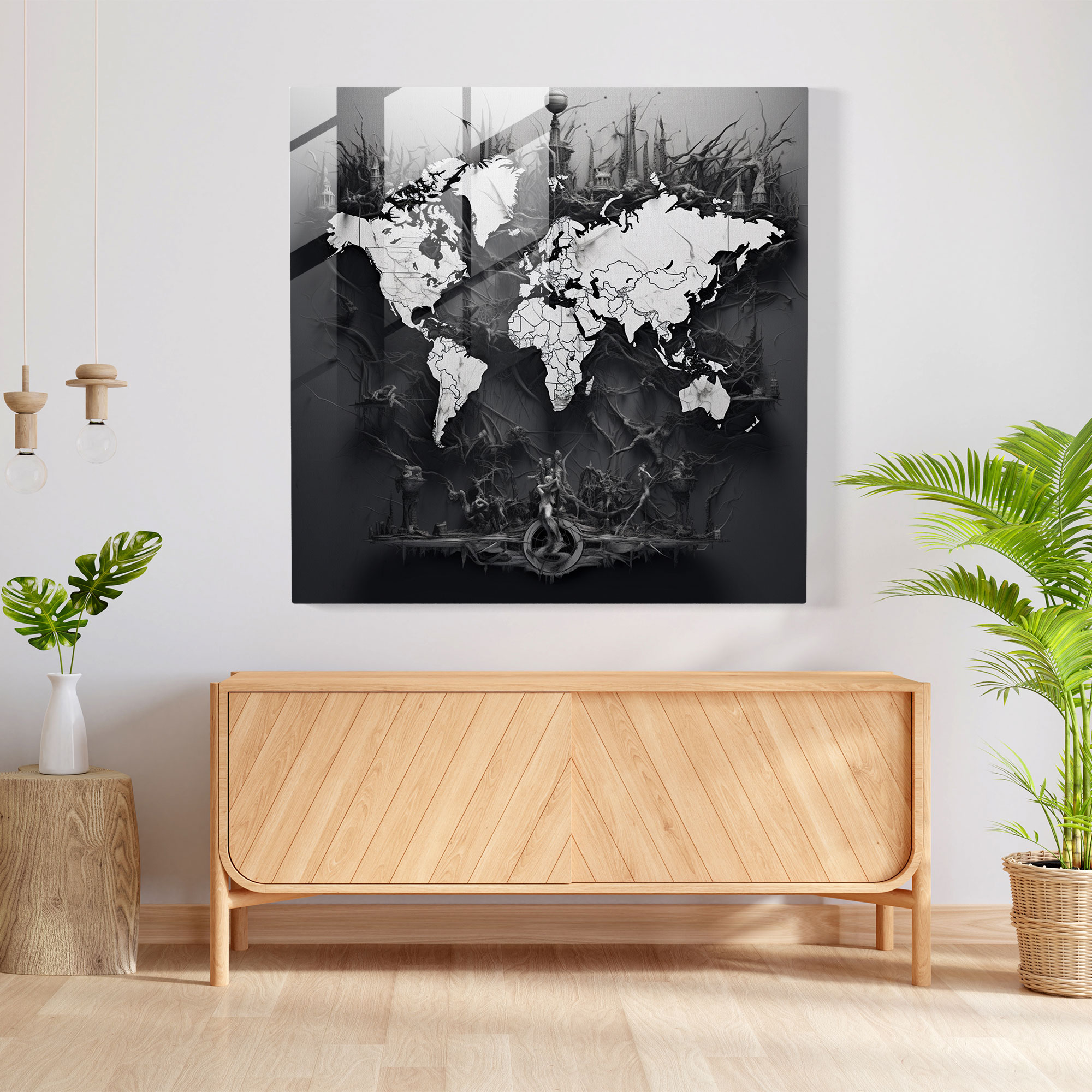 World Map Glass Print - Black And White Photography - World Map, World Map, Glass Print, Glass Wall Art