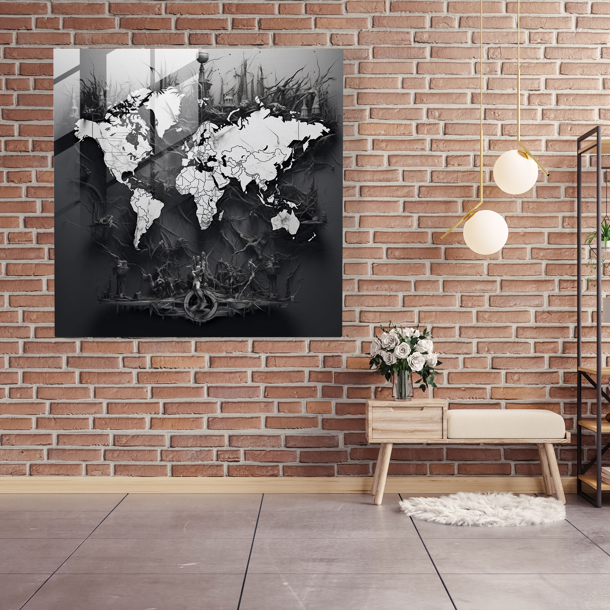 World Map Glass Print - Black And White Photography - World Map, World Map, Glass Print, Glass Wall Art