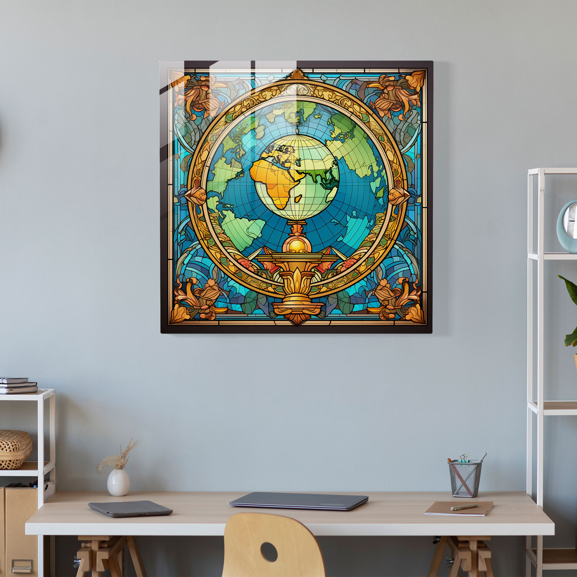 Stained Glass World Map Glass Print - World Map, Stained Glass, Vintage Design, World Map