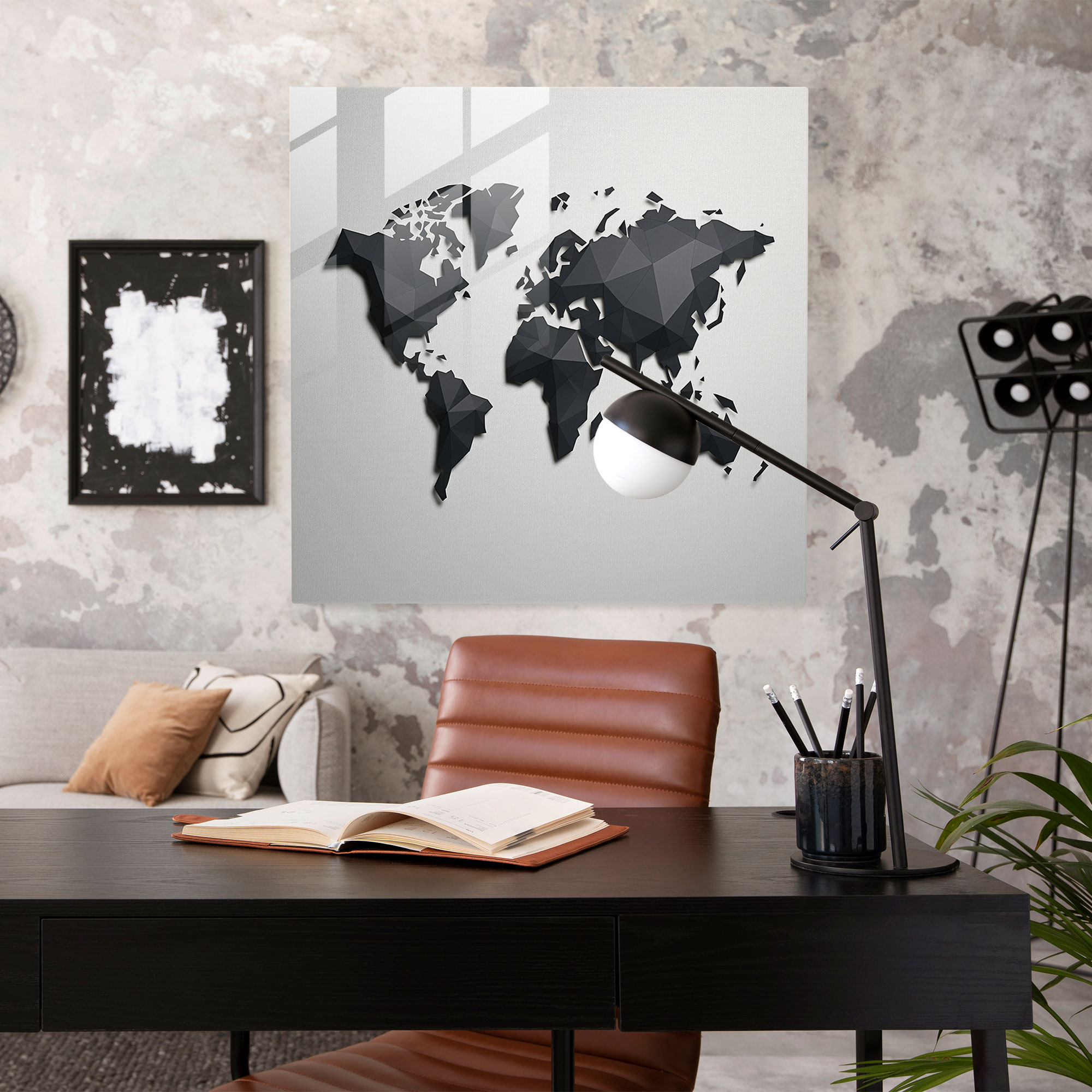 Minimalistic World Map Glass Print - World Map, World Map, Black And White, Glass Print