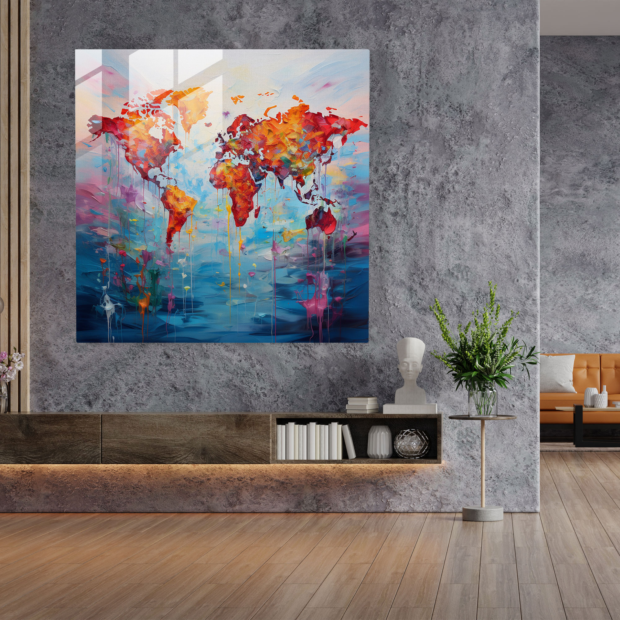 Impressionist World Map Glass Print - World Map, Impressionist Painting, Glass Wall Art, Home Decoration