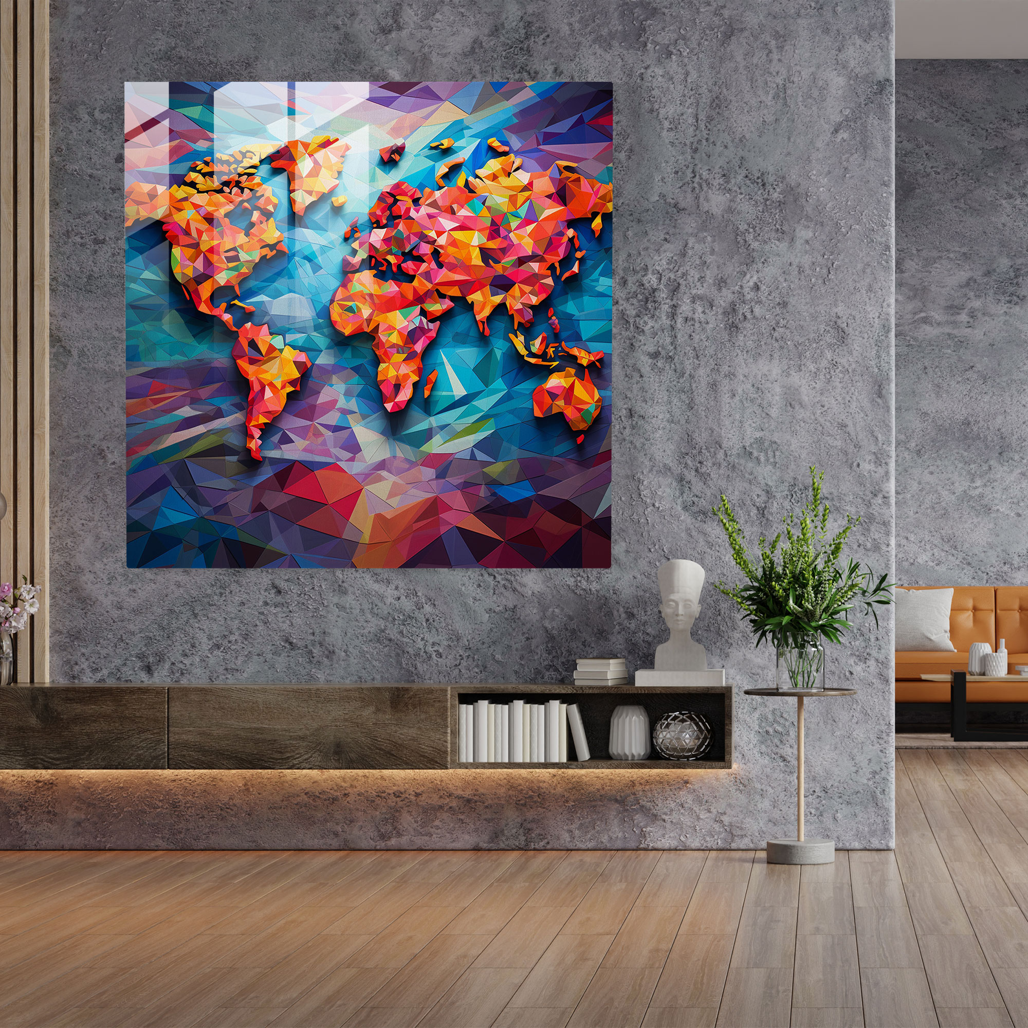 Glasbild Weltkarte - Geometrisches Mosaik - Weltkarte Wohnkultur Glaswandkunst Wanddekoration