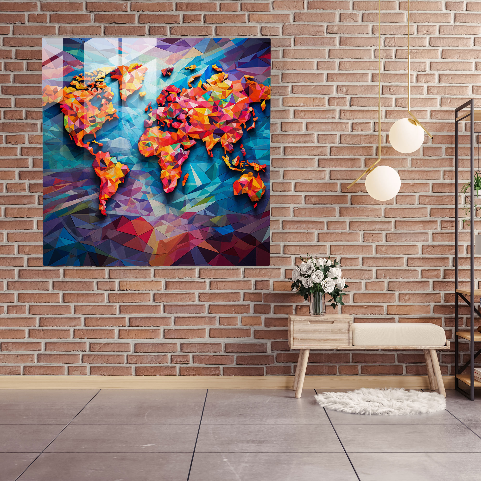 Glasbild Weltkarte - Geometrisches Mosaik - Weltkarte Wohnkultur Glaswandkunst Wanddekoration