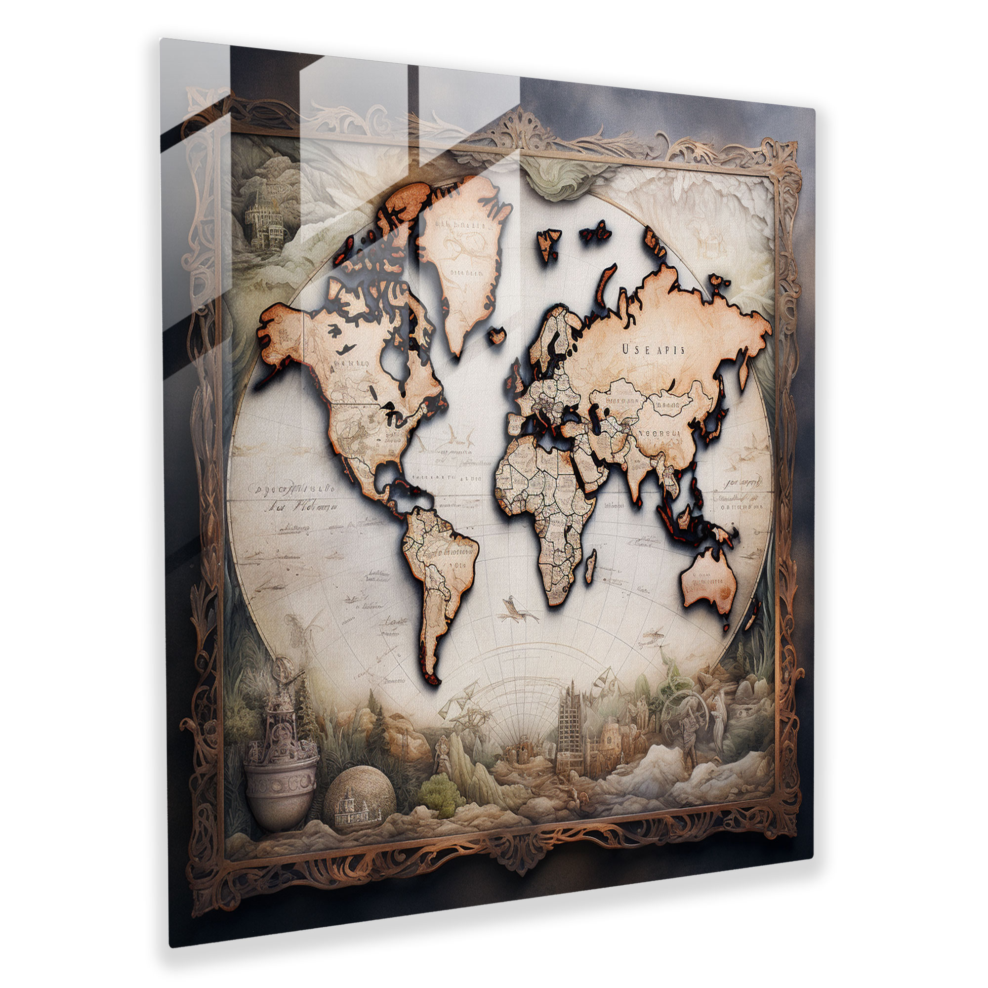 World Map Glass Print - Calligraphy And Mixed Media - World Map, Home Decoration, Glass Print, World Map