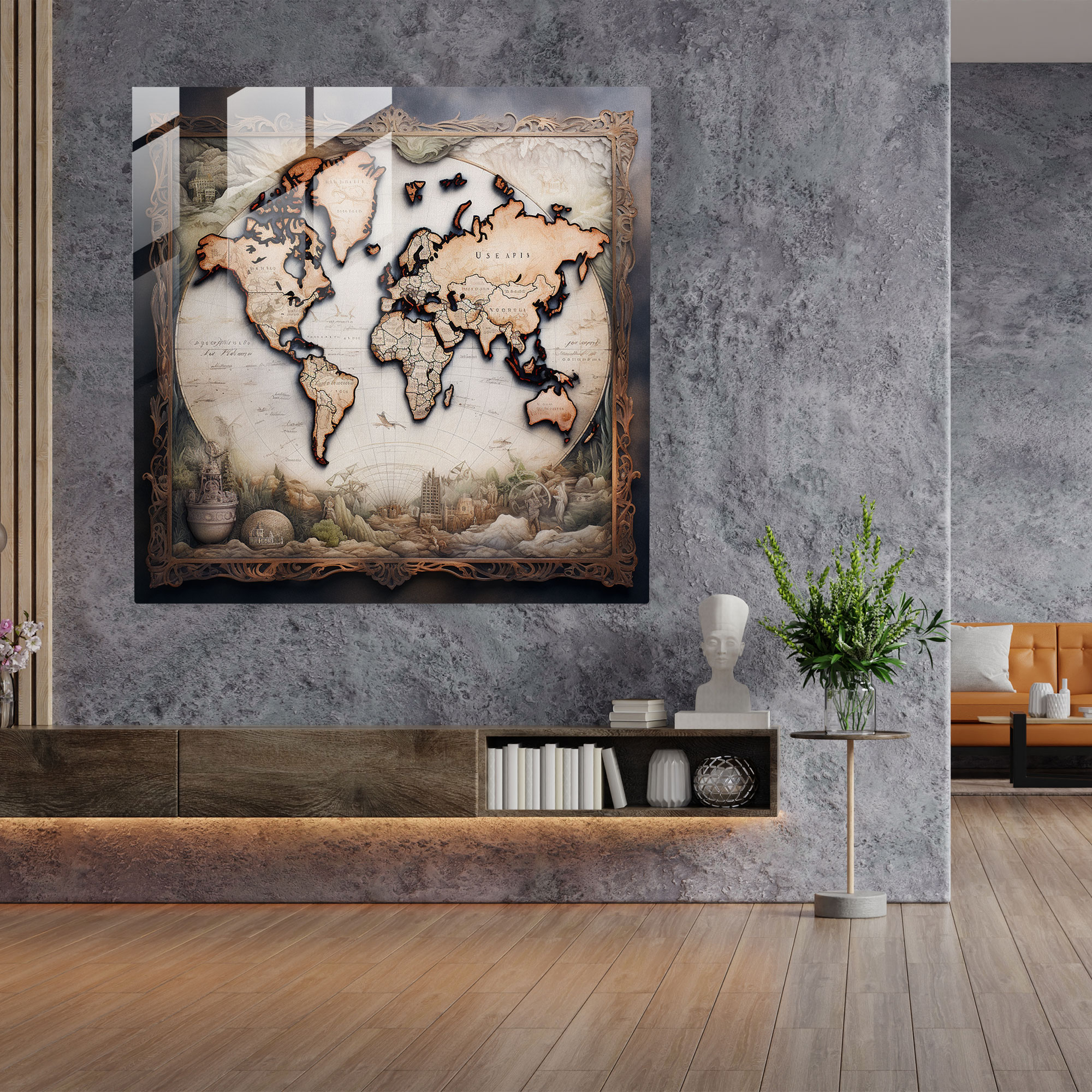 World Map Glass Print - Calligraphy And Mixed Media - World Map, Home Decoration, Glass Print, World Map